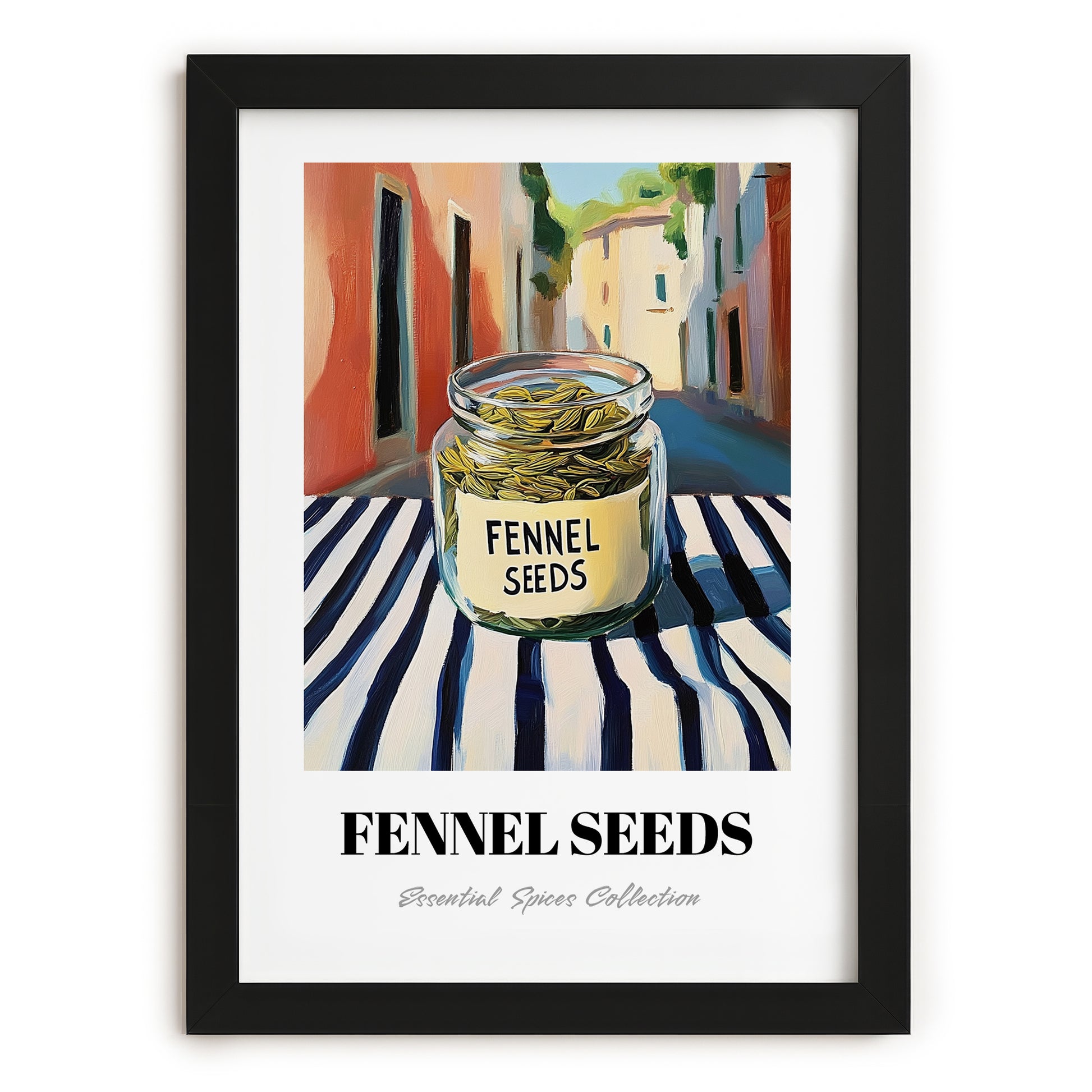 Fennel Seeds – Italian Street Café Scene, Spices Still Life, in sleek black frame