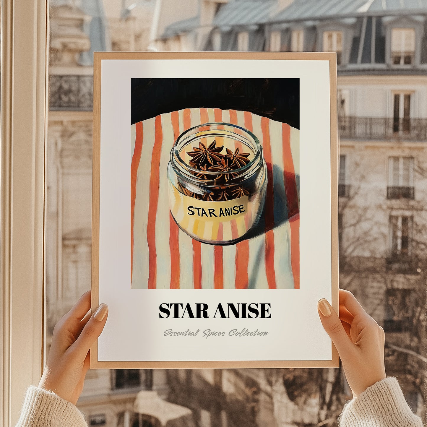 Star Anise – on Striped Tablecloth, Spices Print, styled in a charming Paris street view