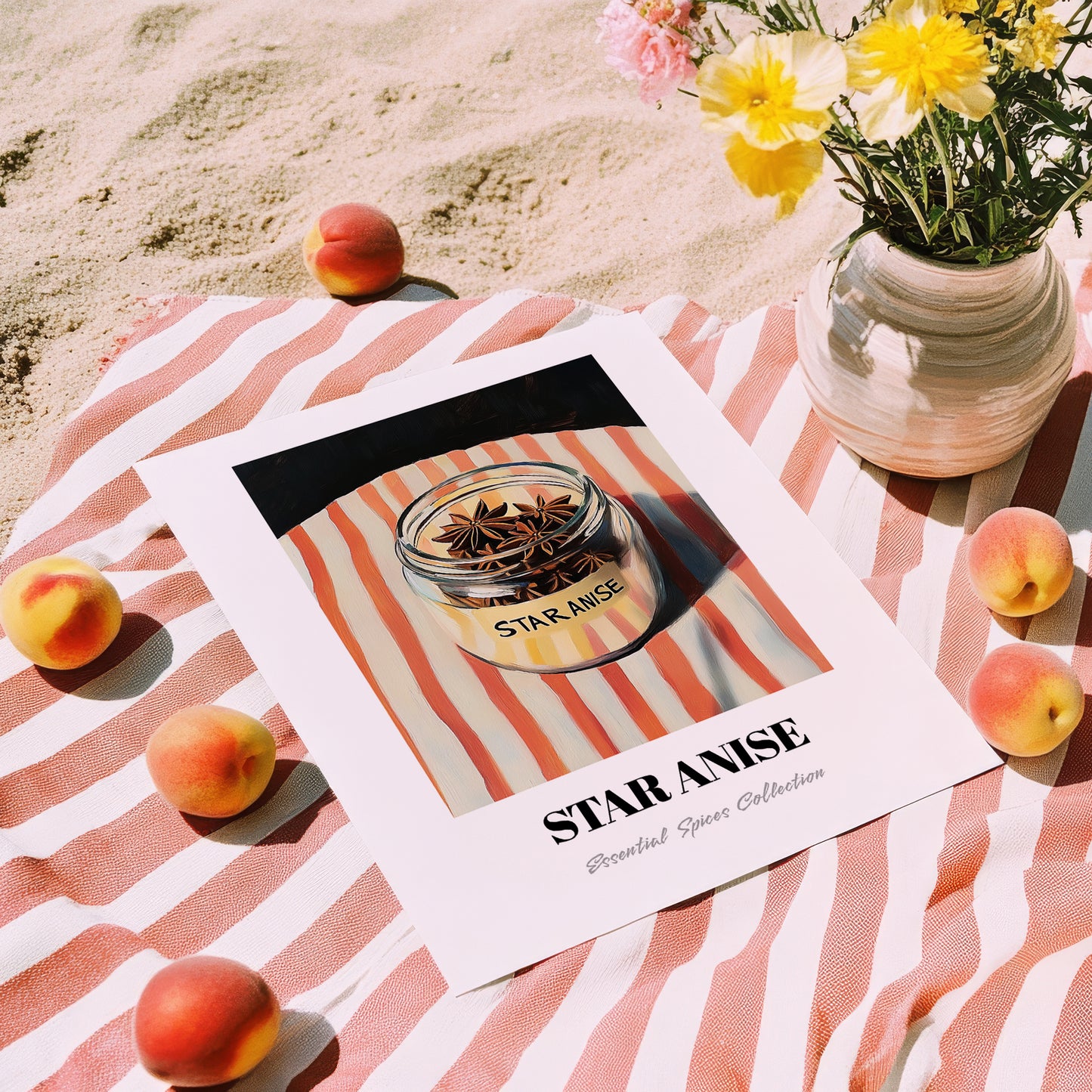 Star Anise – on Striped Tablecloth, Spices Print, unframed on coastal sand