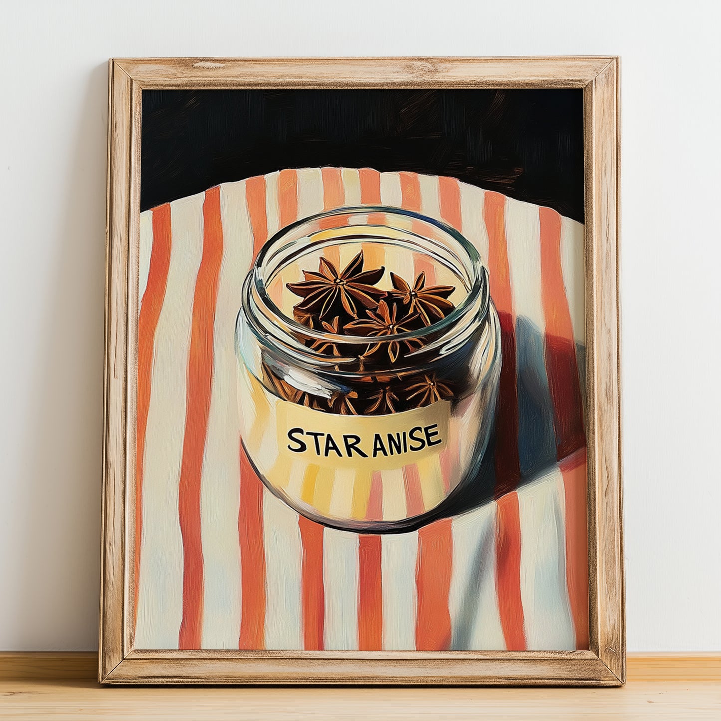 Star Anise – on Striped Tablecloth, Spices Print, no-text version framed in wood