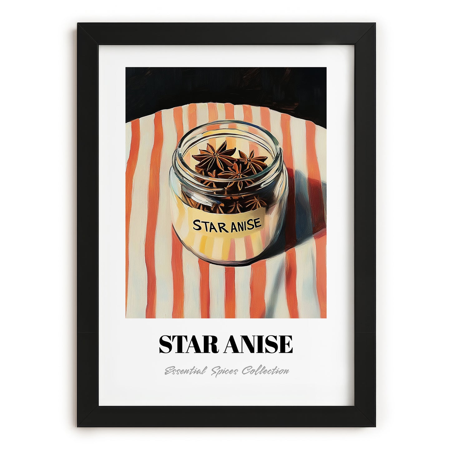 Star Anise – on Striped Tablecloth, Spices Print, in sleek black frame