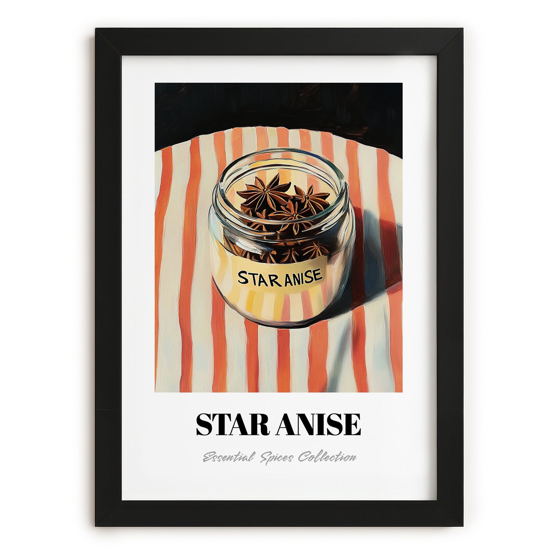 Star Anise – on Striped Tablecloth, Spices Print, in sleek black frame