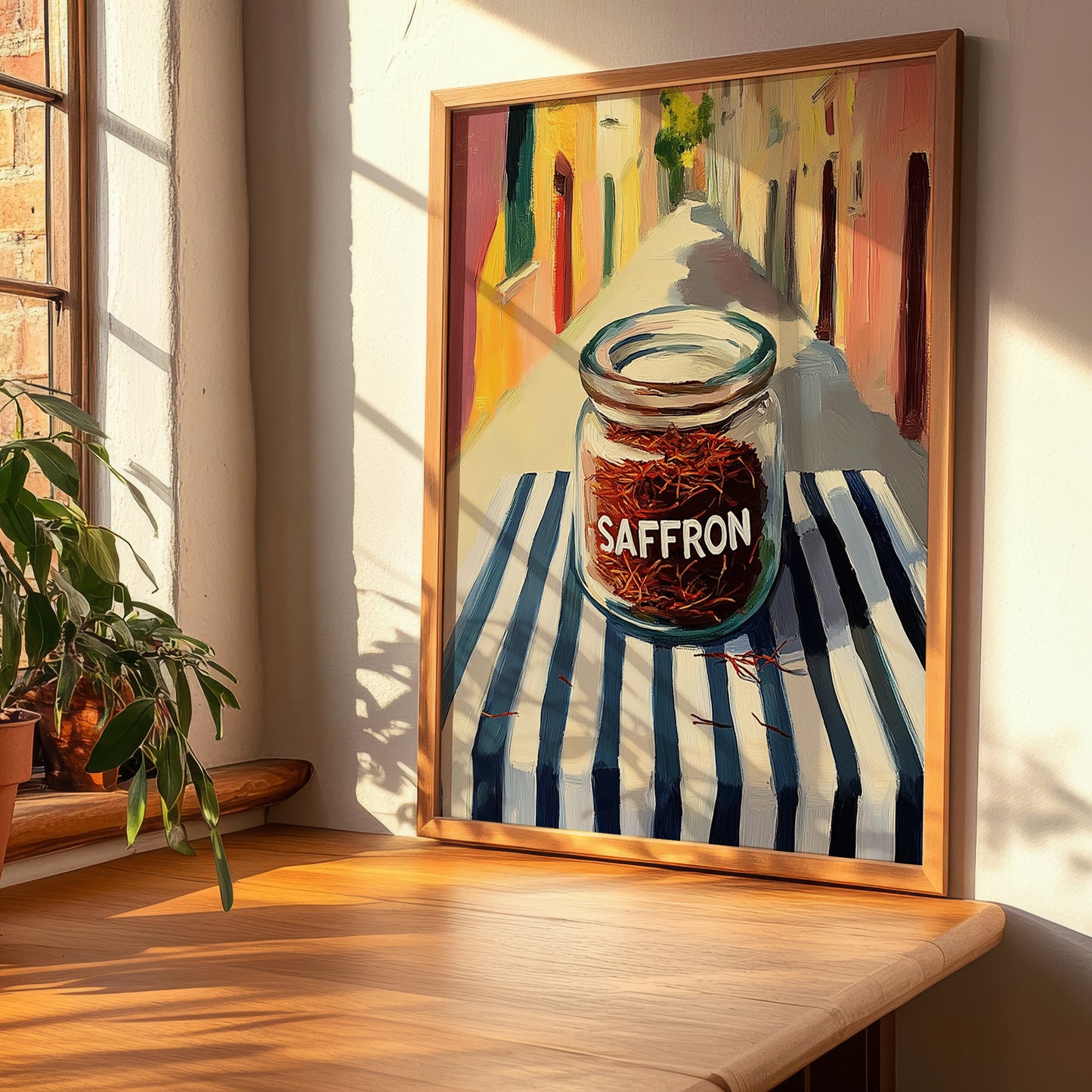 Saffron – Italian Street Café Scene, Spices Painting, clean layout with no caption