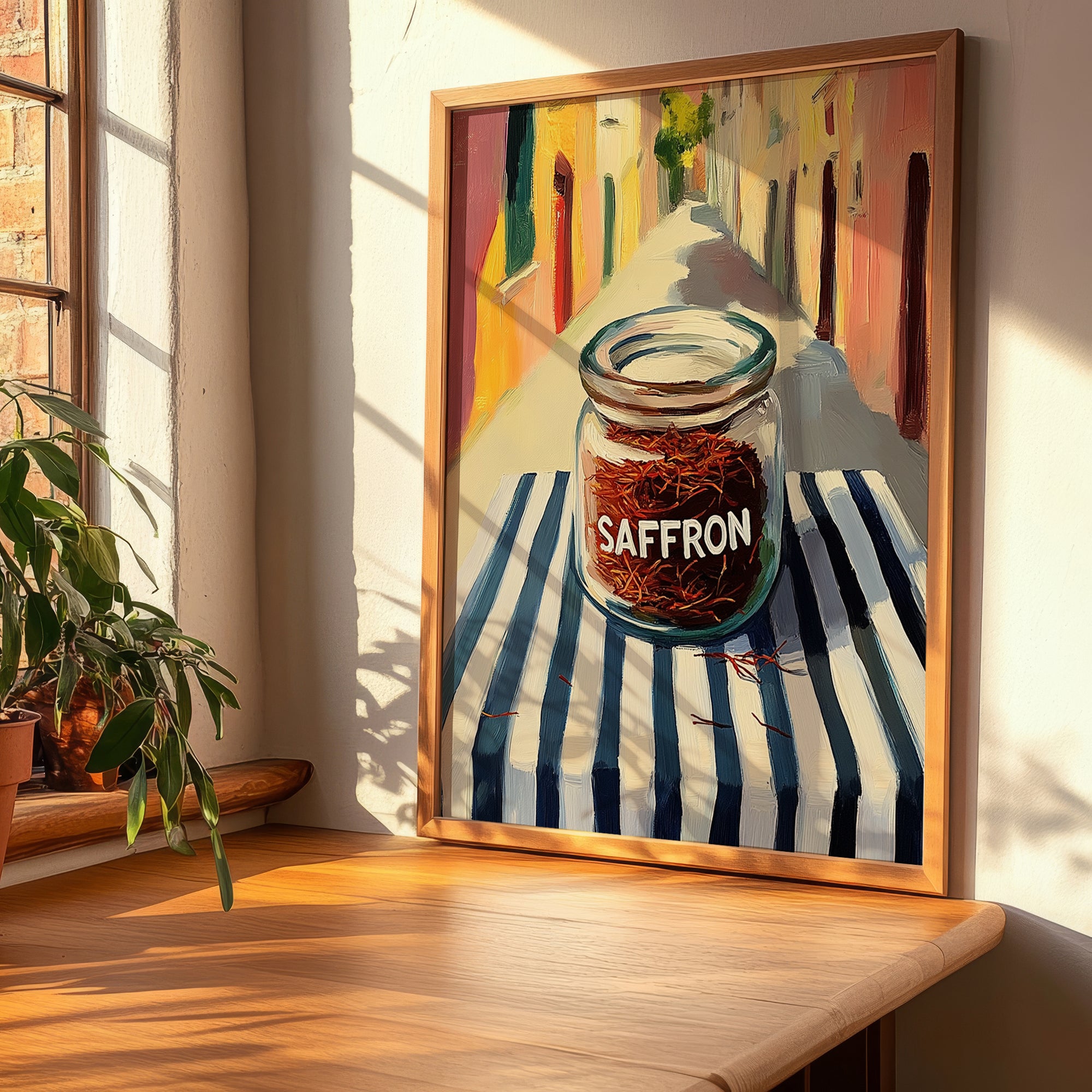 Saffron – Italian Street Café Scene, Spices Painting, clean layout with no caption
