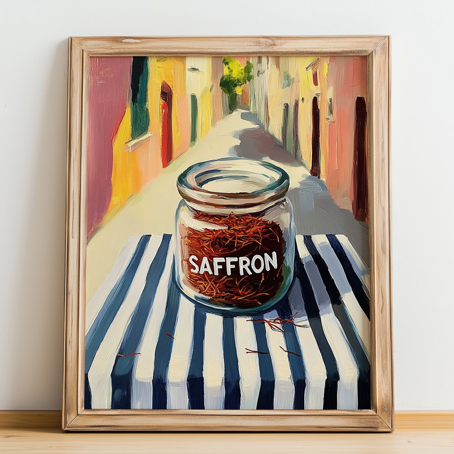 Saffron – Italian Street Café Scene, Spices Painting, no-text version framed in wood