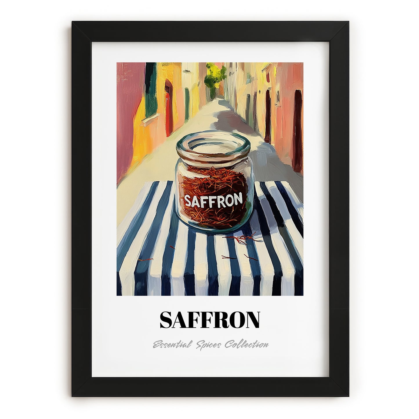Saffron – Italian Street Café Scene, Spices Painting, in sleek black frame