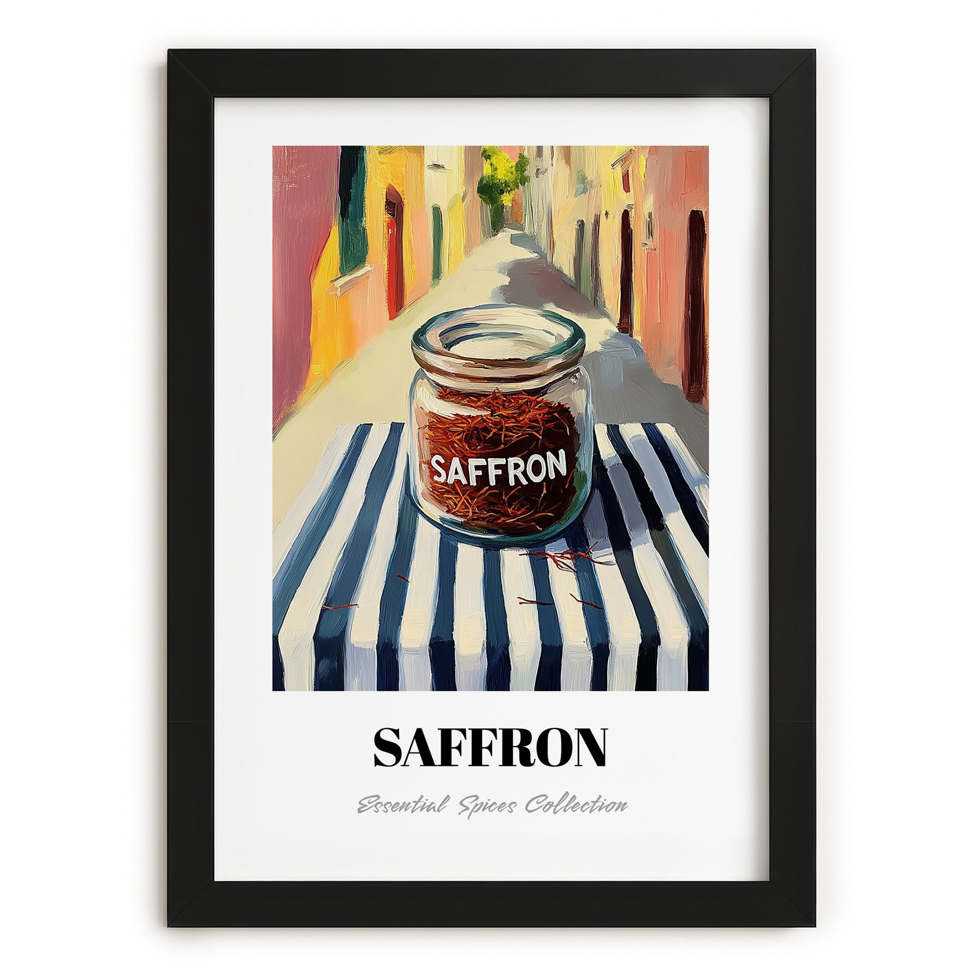 Saffron – Italian Street Café Scene, Spices Painting, in sleek black frame