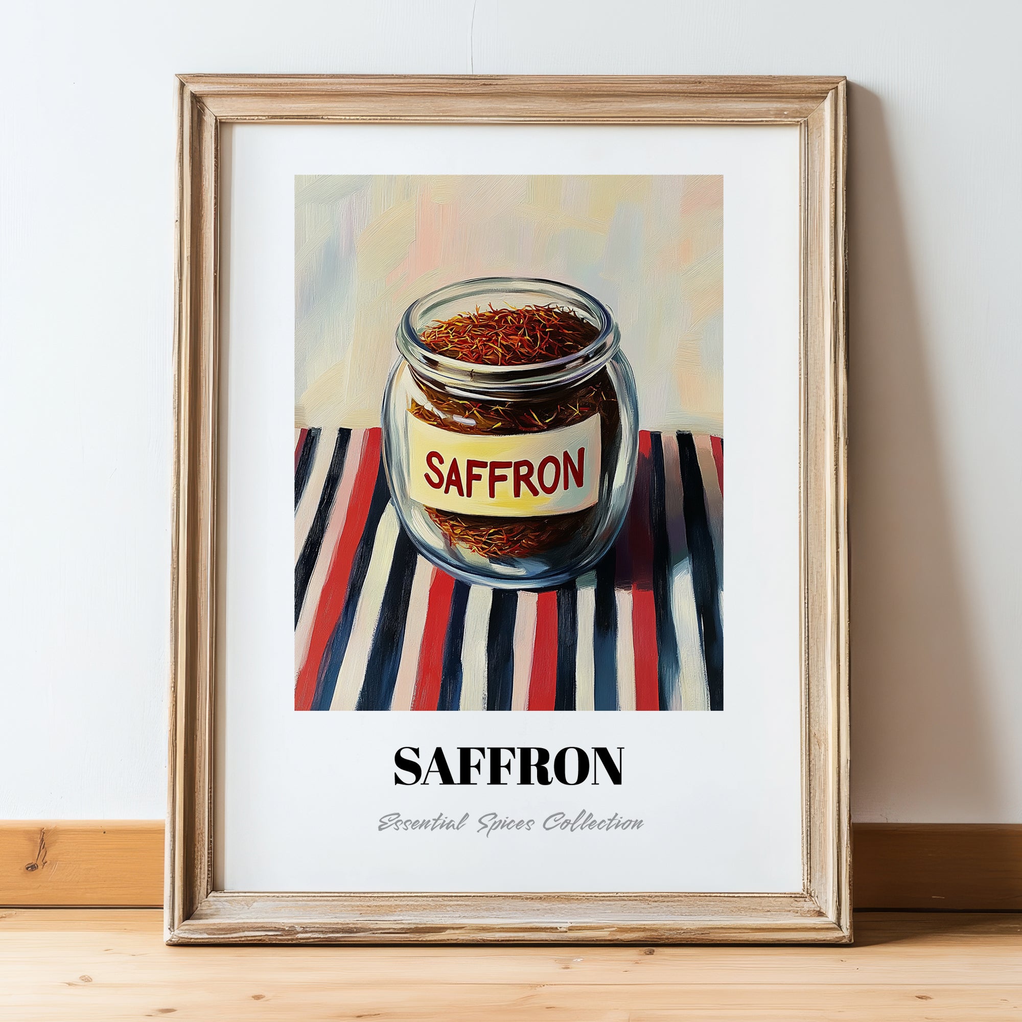 Saffron – on Striped Tablecloth, Spices Still Life, in wooden frame leaning on the floor