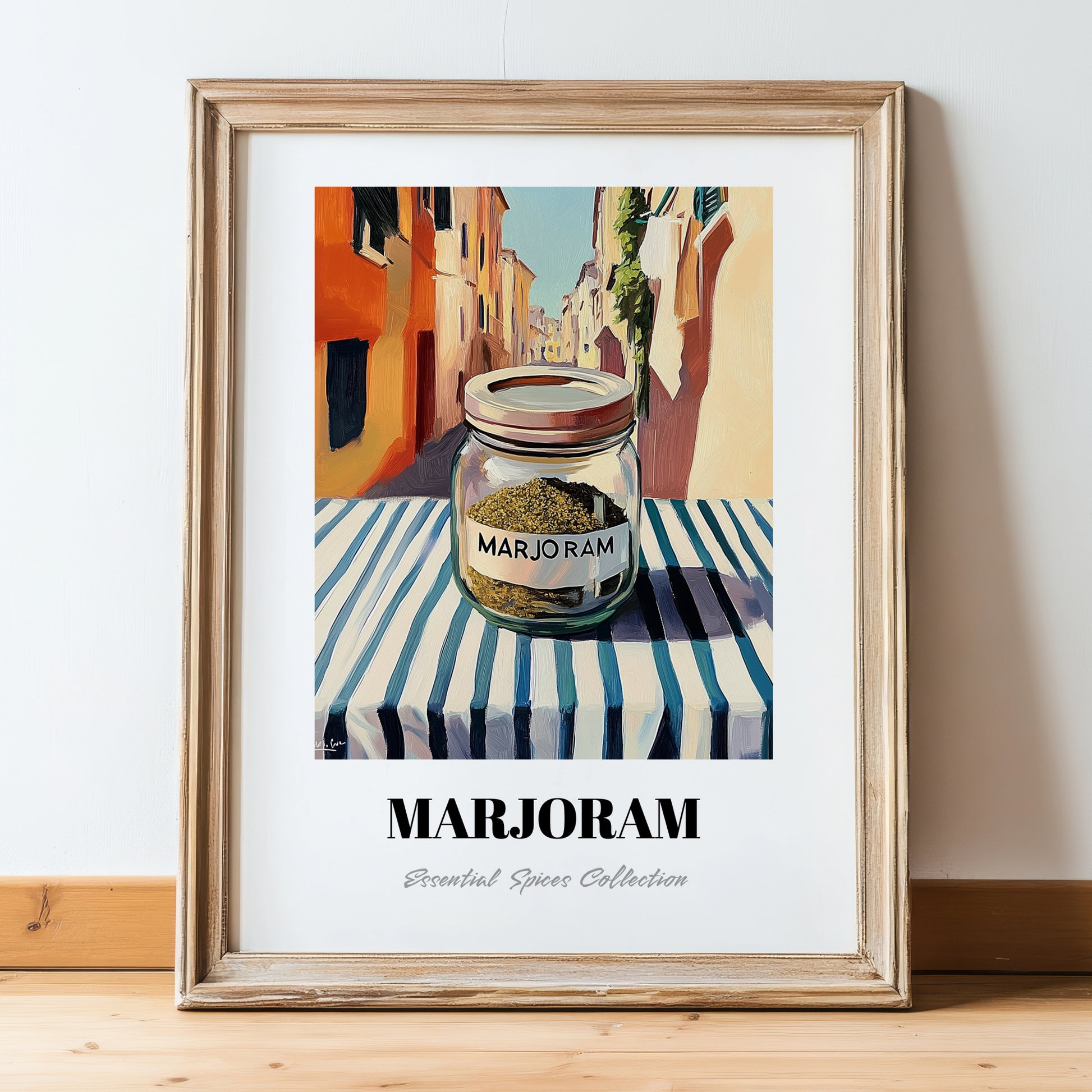 Marjoram – Italian Urban Café Scene, Spices Wall Decor, in wooden frame leaning on the floor