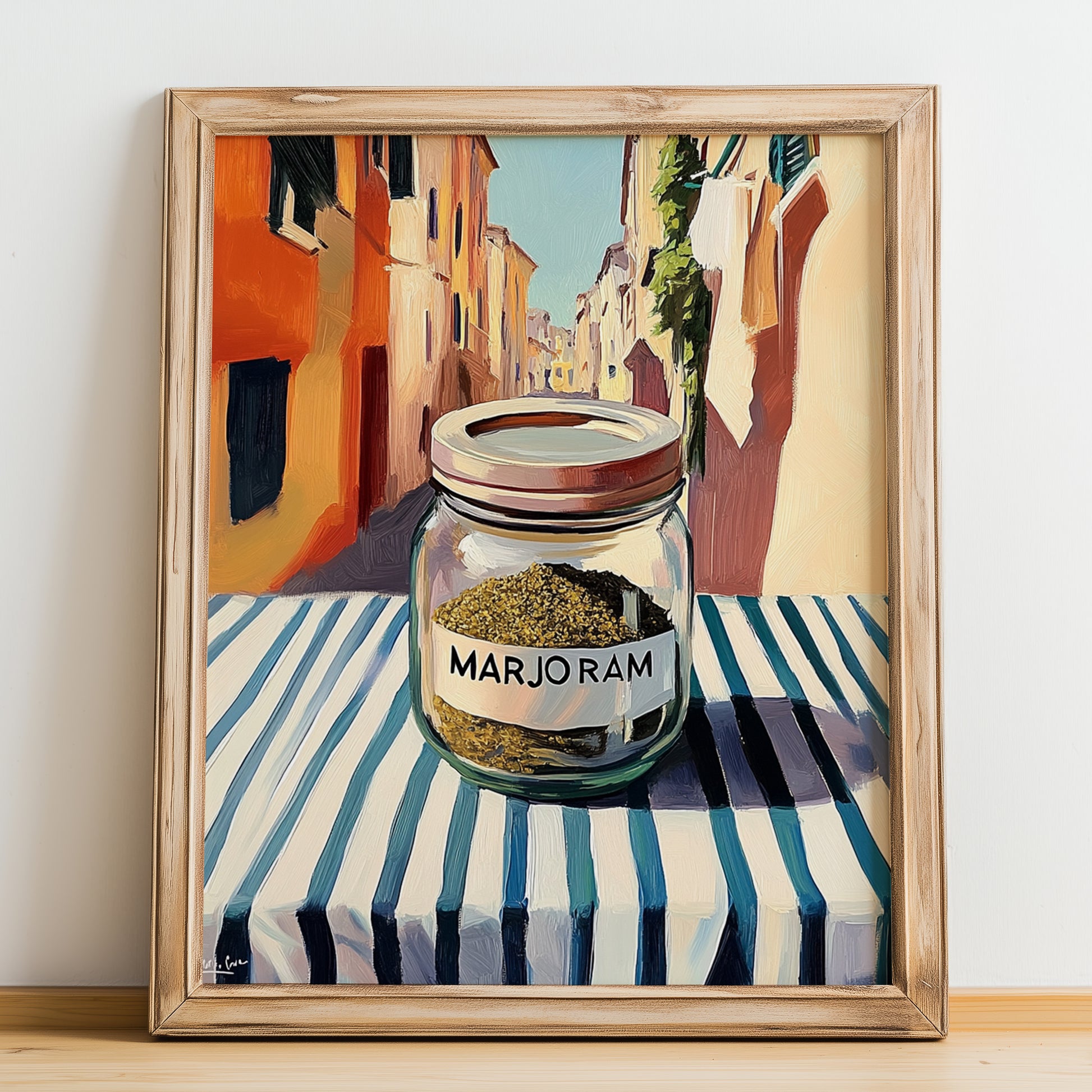Marjoram – Italian Urban Café Scene, Spices Wall Decor, no-text version framed in wood