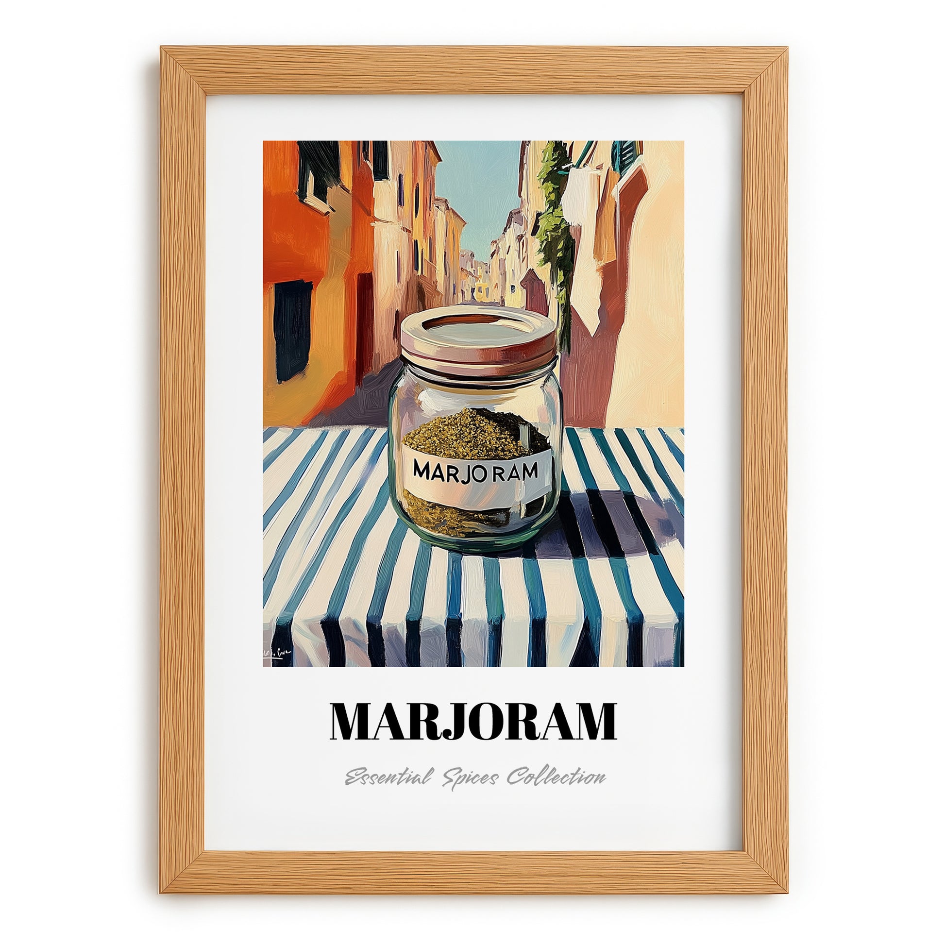 Marjoram – Italian Urban Café Scene, Spices Wall Decor, set in oak frame