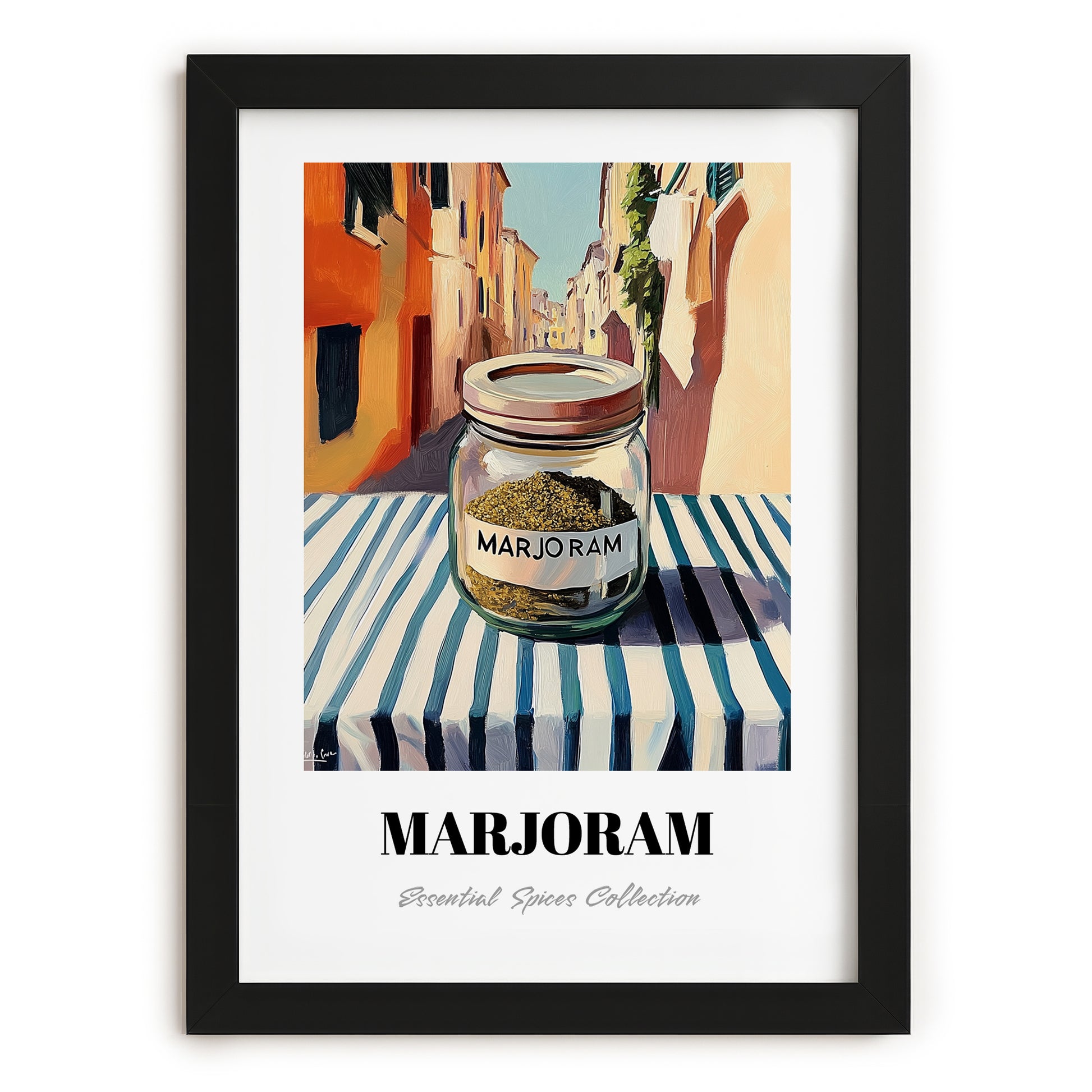 Marjoram – Italian Urban Café Scene, Spices Wall Decor, in sleek black frame