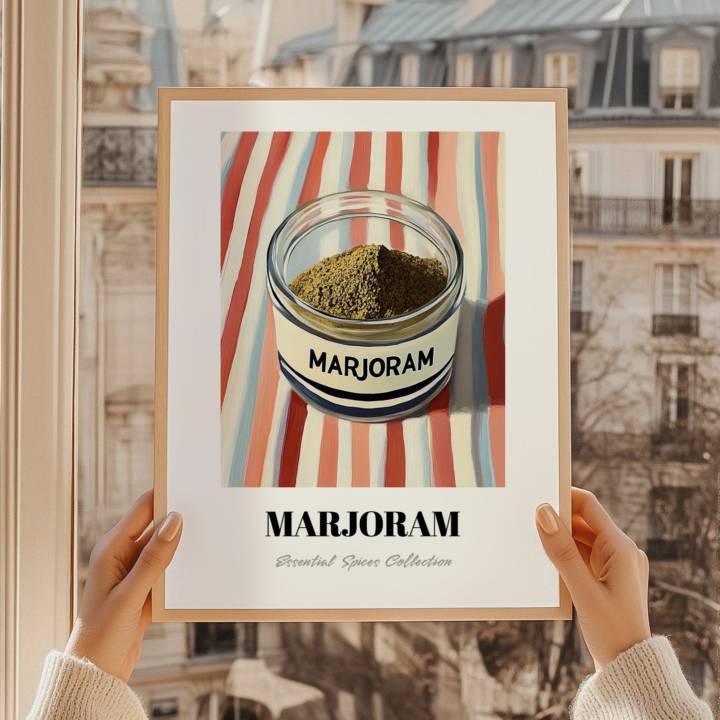 Marjoram – on Striped Tablecloth, Spices Wall Decor, styled in a charming Paris street view