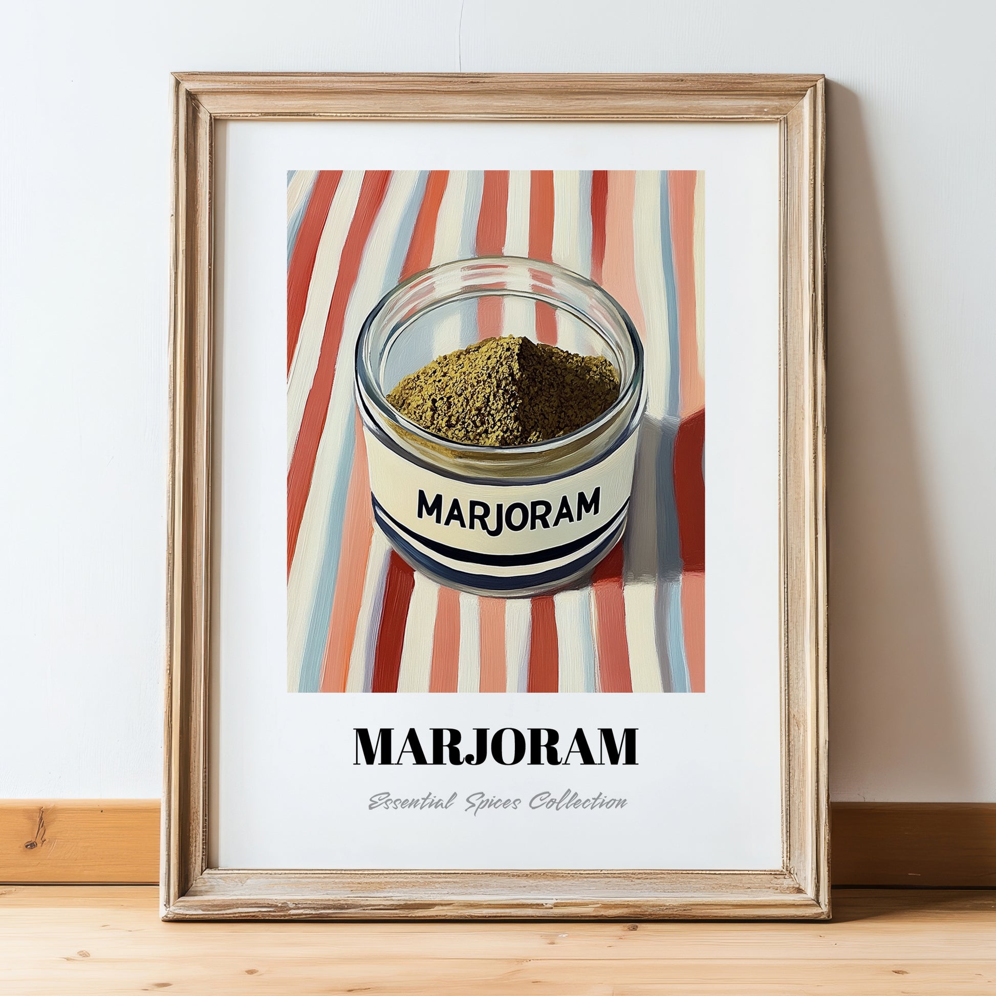 Marjoram – on Striped Tablecloth, Spices Wall Decor, in wooden frame leaning on the floor