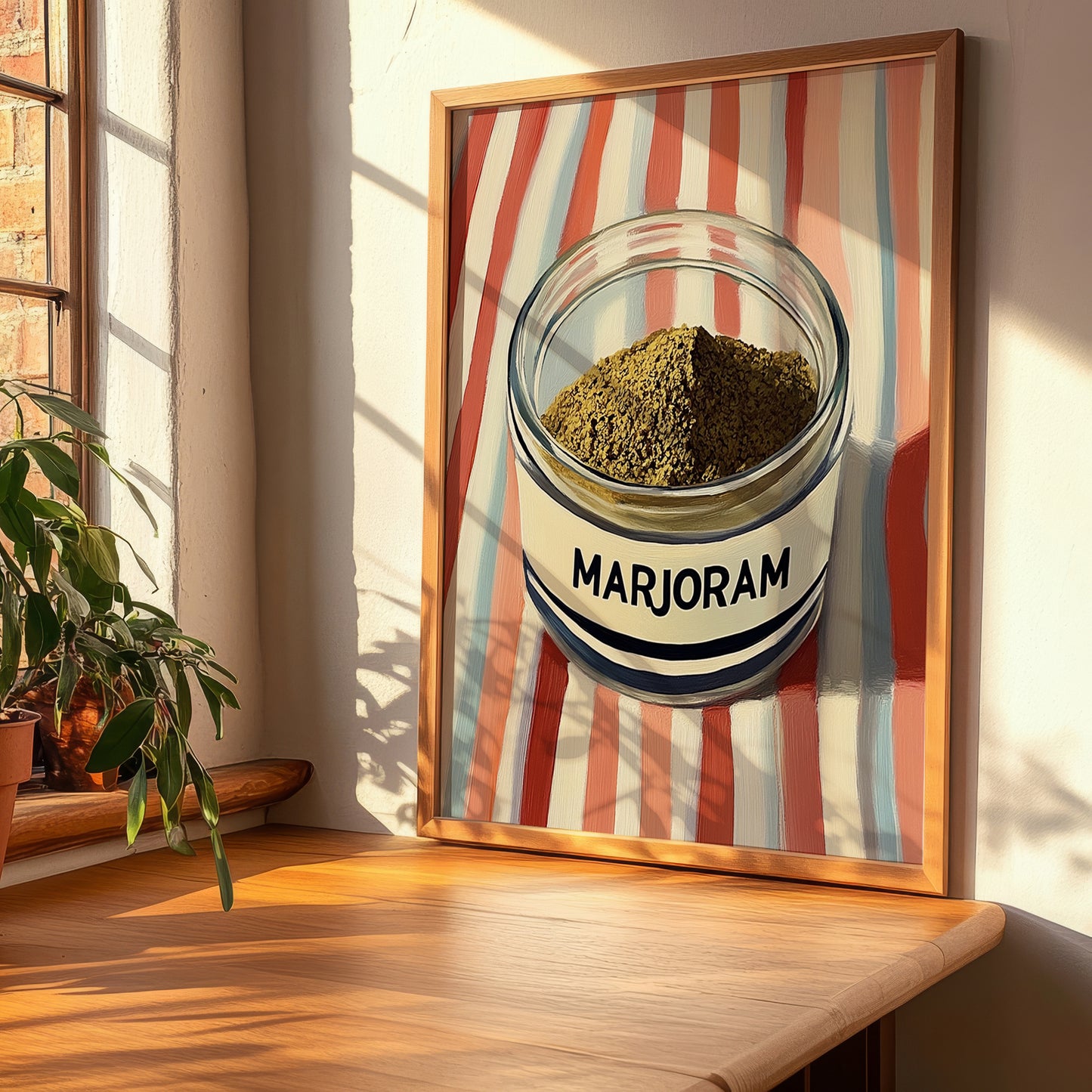 Marjoram – on Striped Tablecloth, Spices Wall Decor, clean layout with no caption
