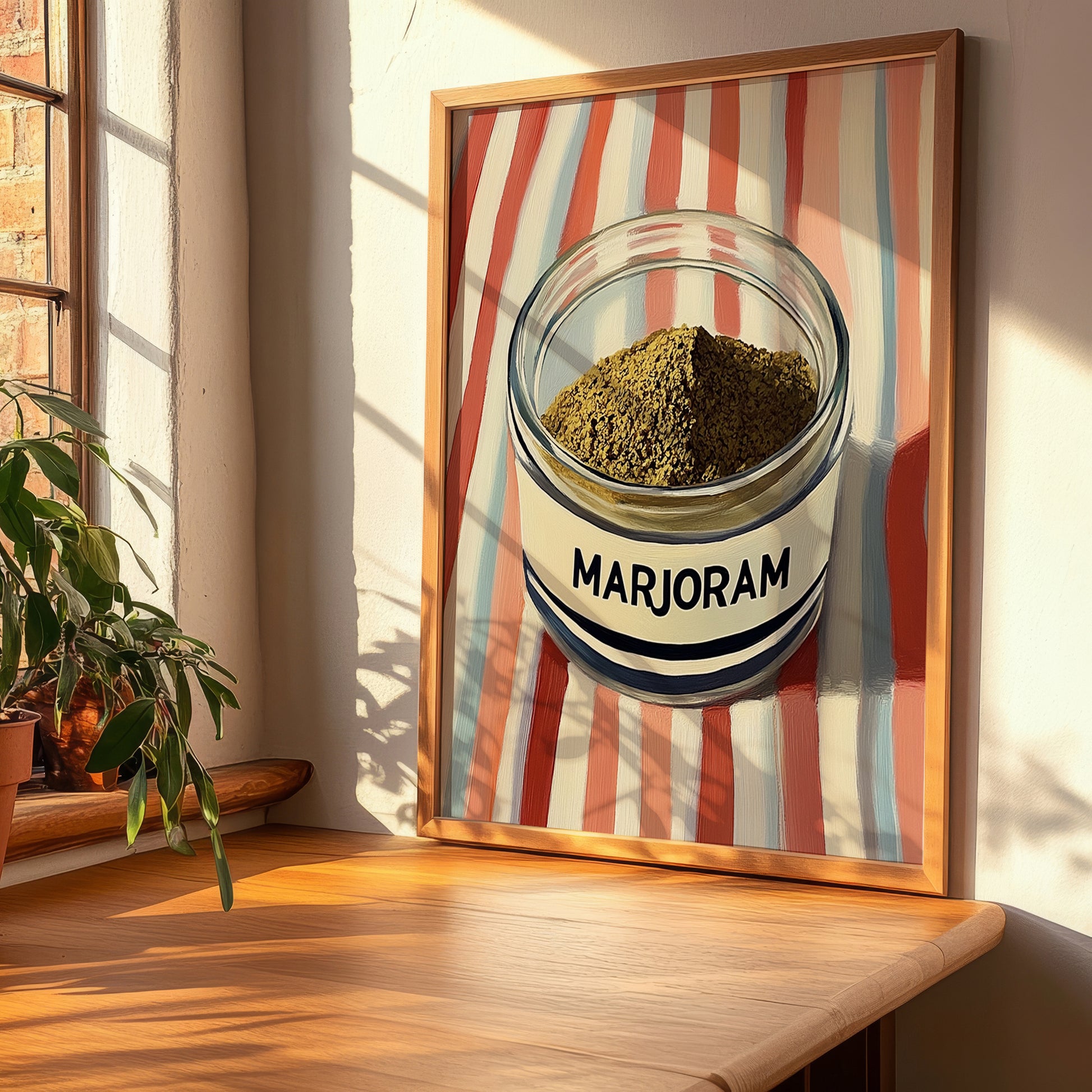 Marjoram – on Striped Tablecloth, Spices Wall Decor, clean layout with no caption