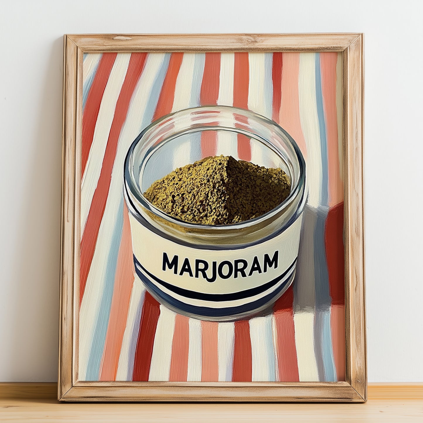 Marjoram – on Striped Tablecloth, Spices Wall Decor, no-text version framed in wood
