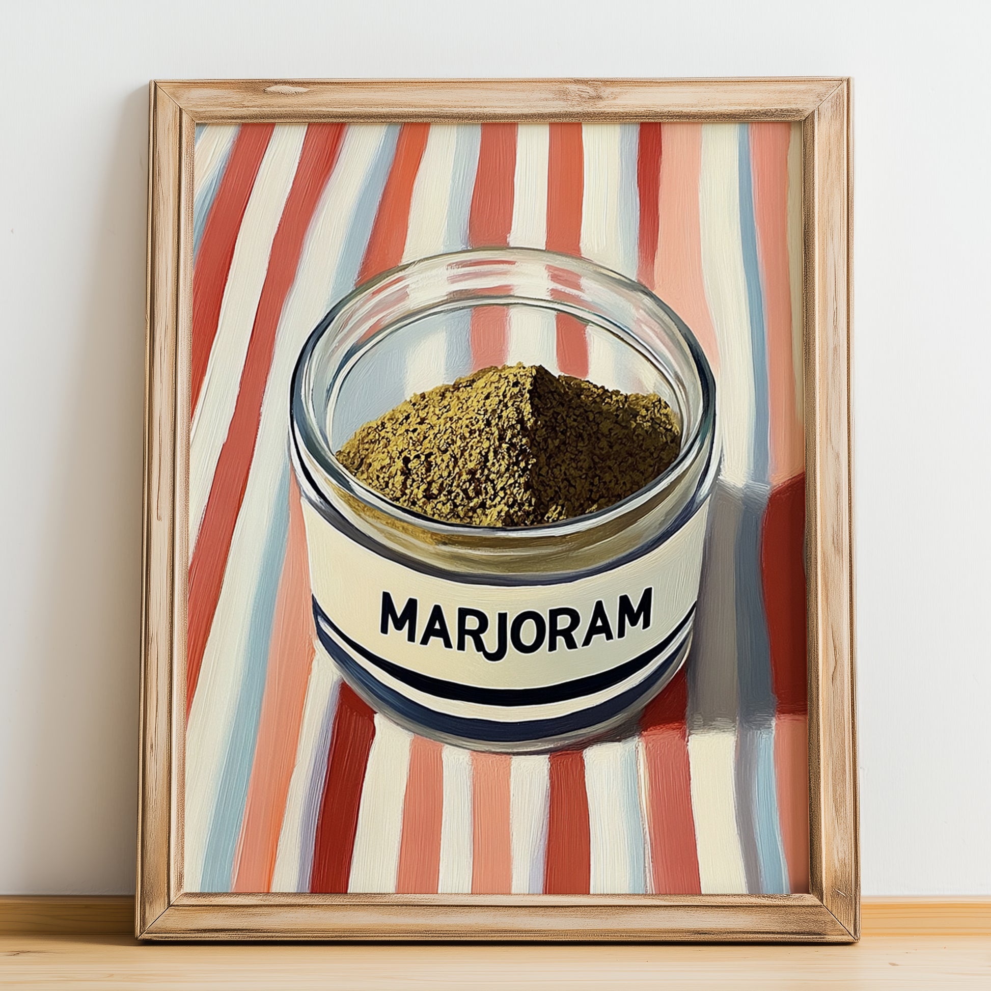 Marjoram – on Striped Tablecloth, Spices Wall Decor, no-text version framed in wood