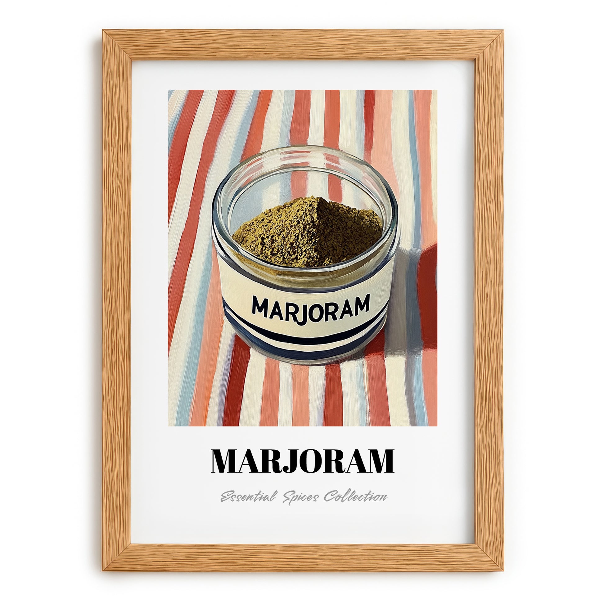 Marjoram – on Striped Tablecloth, Spices Wall Decor, set in oak frame