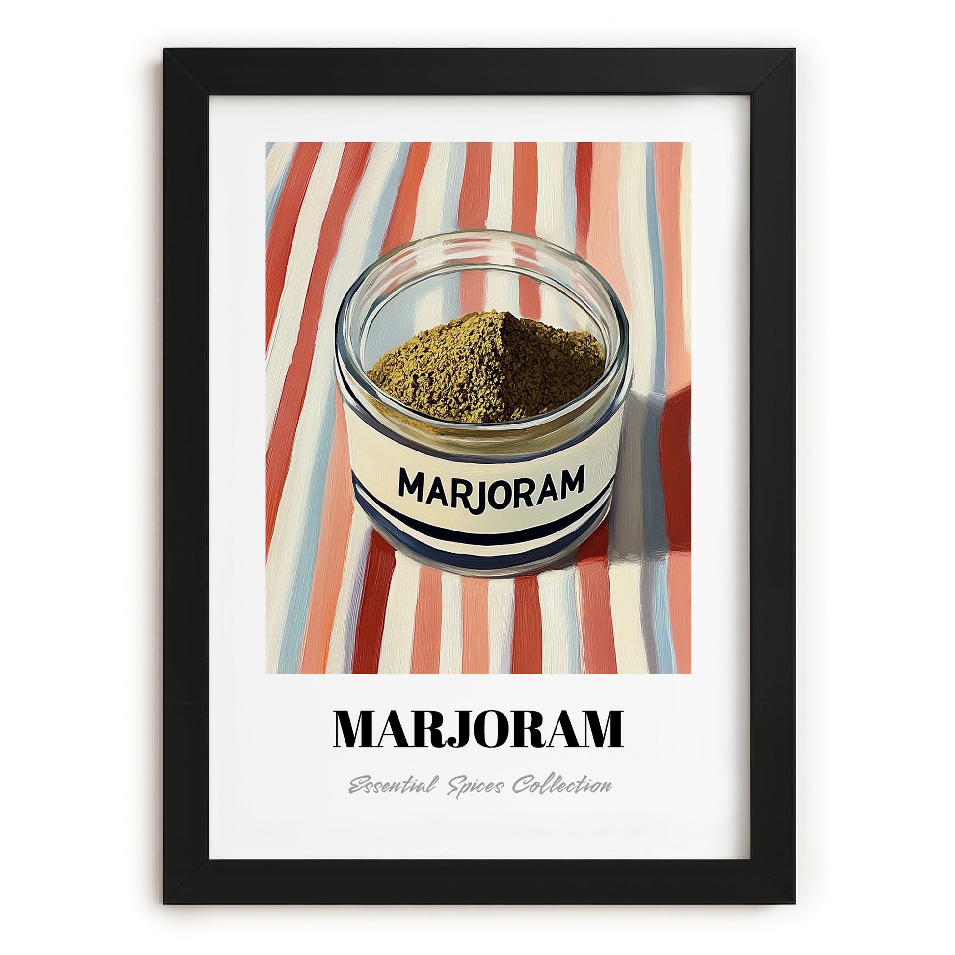 Marjoram – on Striped Tablecloth, Spices Wall Decor, in sleek black frame