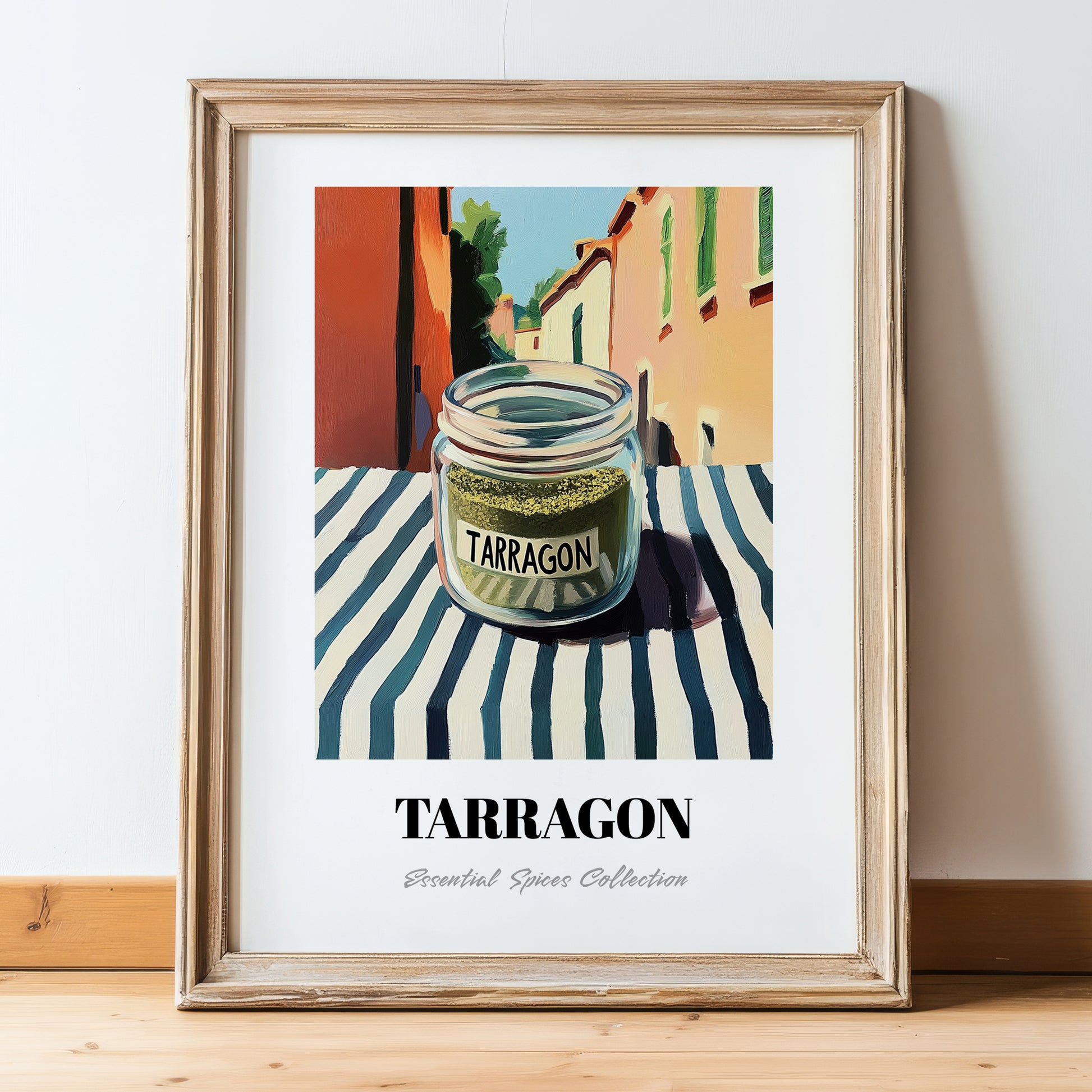 Tarragon – Italian Urban Café Scene, Spices Wall Decor, in wooden frame leaning on the floor