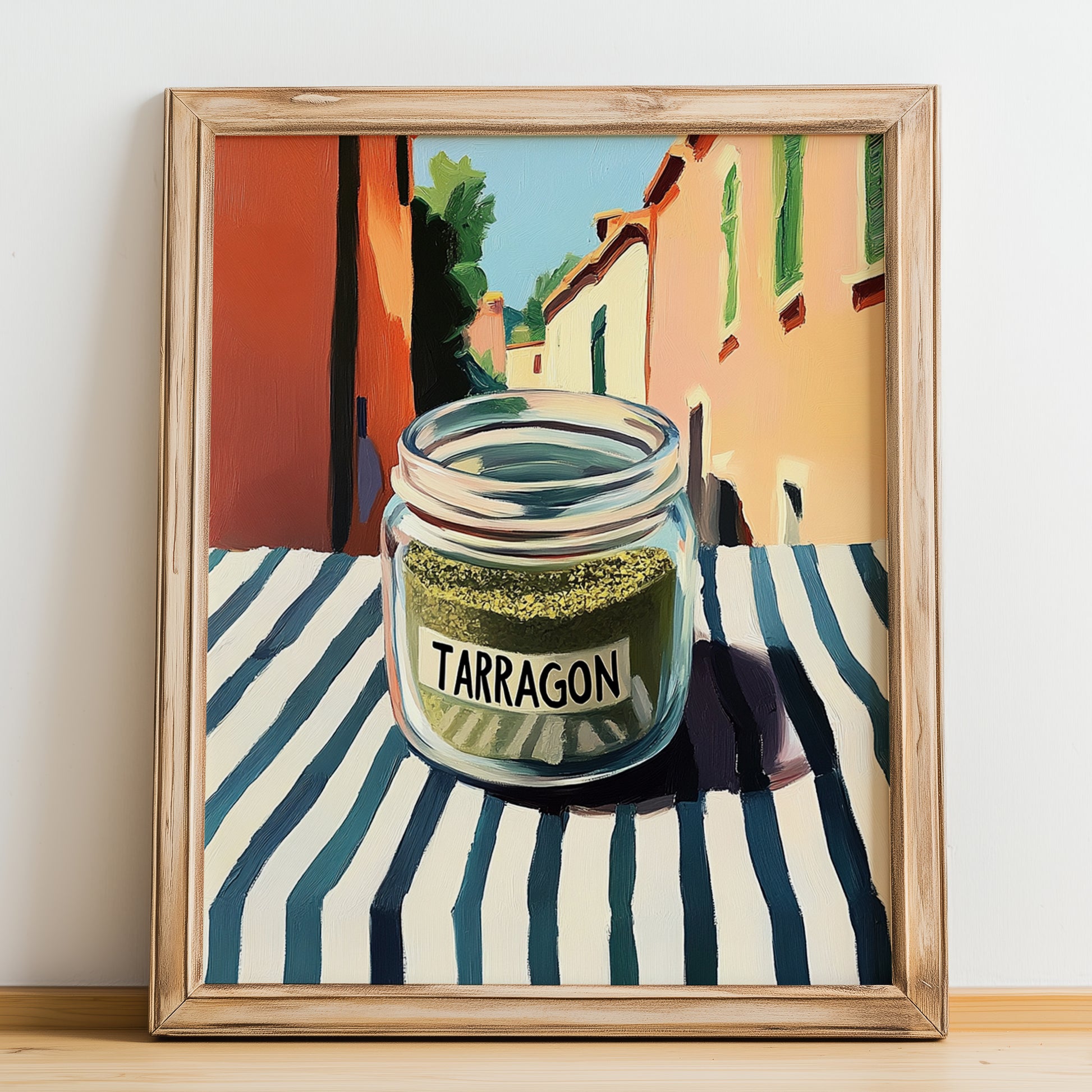 Tarragon – Italian Urban Café Scene, Spices Wall Decor, no-text version framed in wood