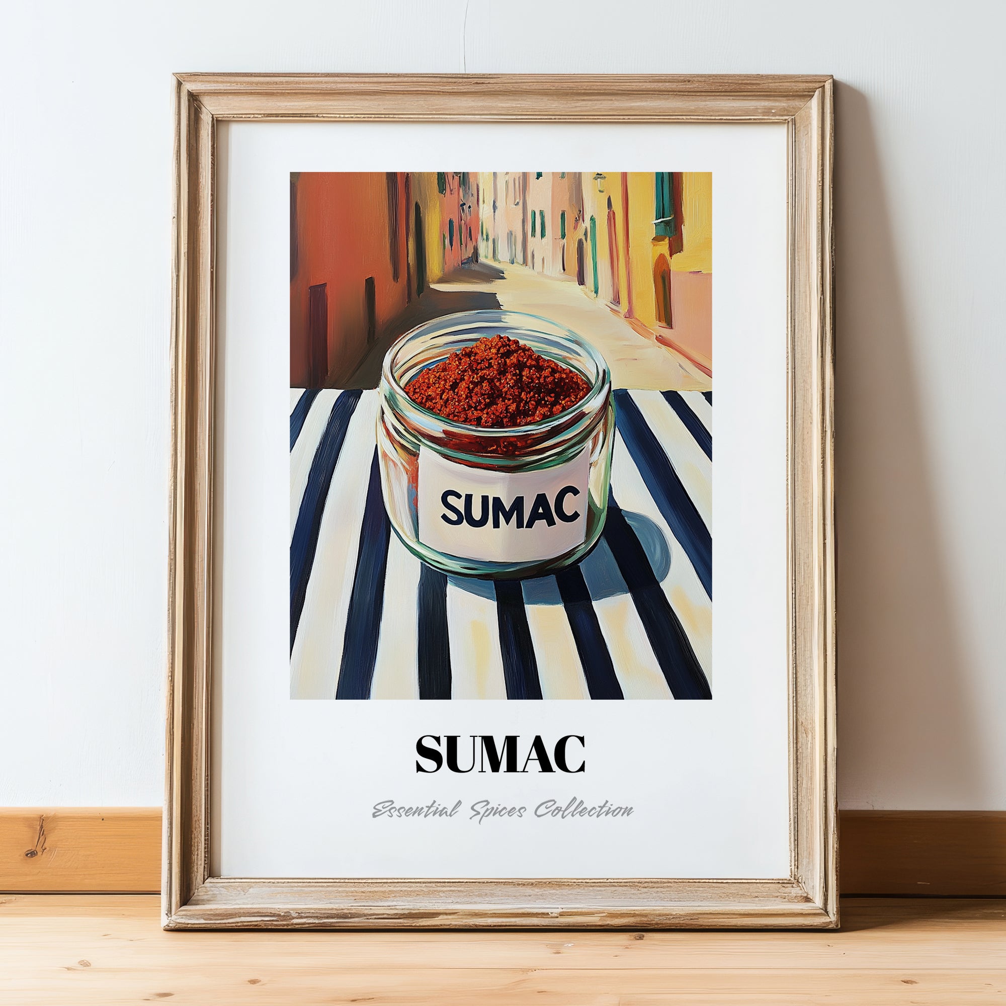 Sumac – Italian Café on the Corner, Spices Still Life, in wooden frame leaning on the floor