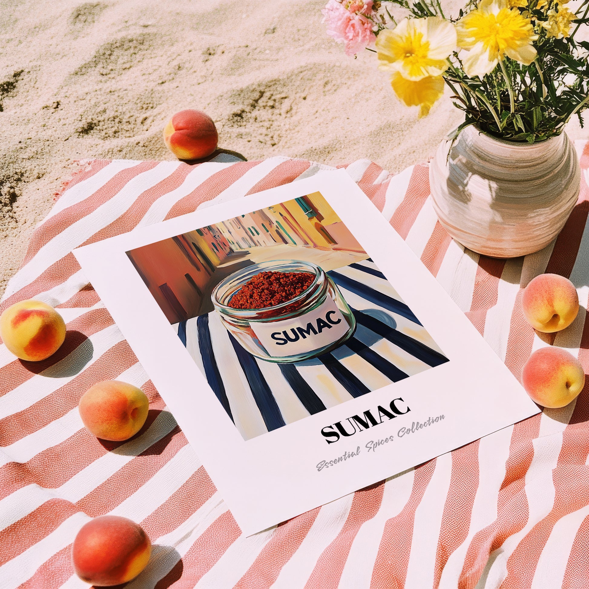 Sumac – Italian Café on the Corner, Spices Still Life, unframed on coastal sand