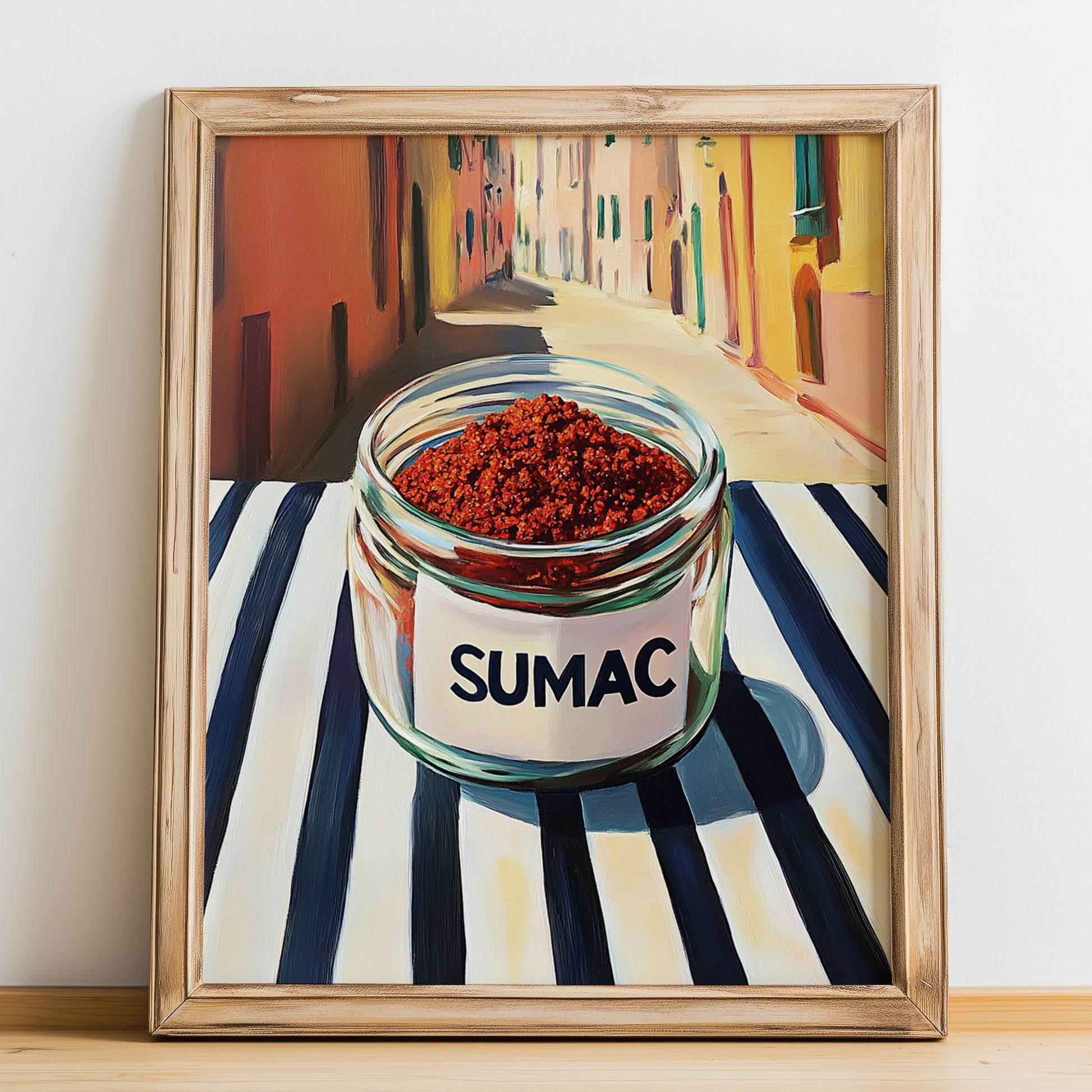 Sumac – Italian Café on the Corner, Spices Still Life, no-text version framed in wood