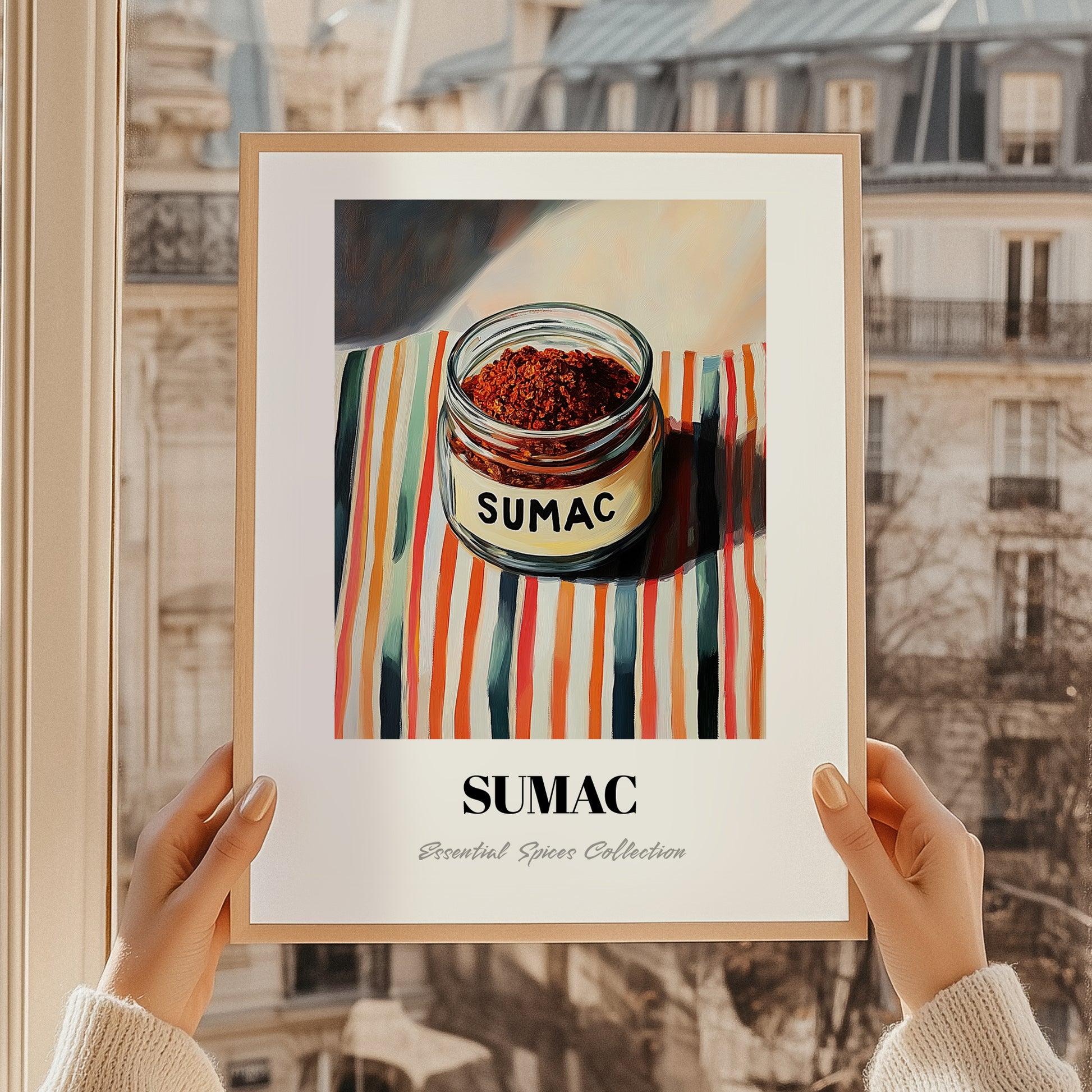 Sumac – on Striped Tablecloth, Spices Print, styled in a charming Paris street view