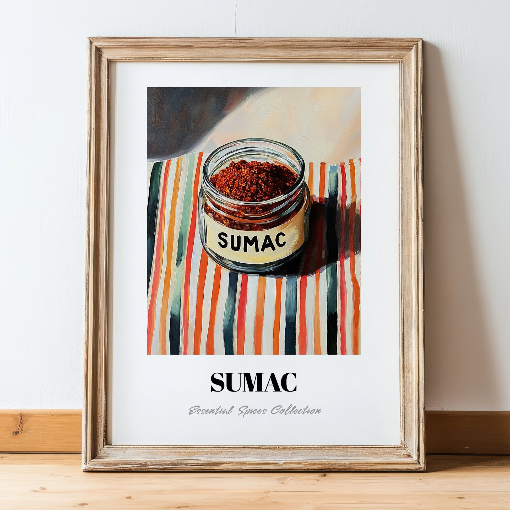 Sumac – on Striped Tablecloth, Spices Print, in wooden frame leaning on the floor