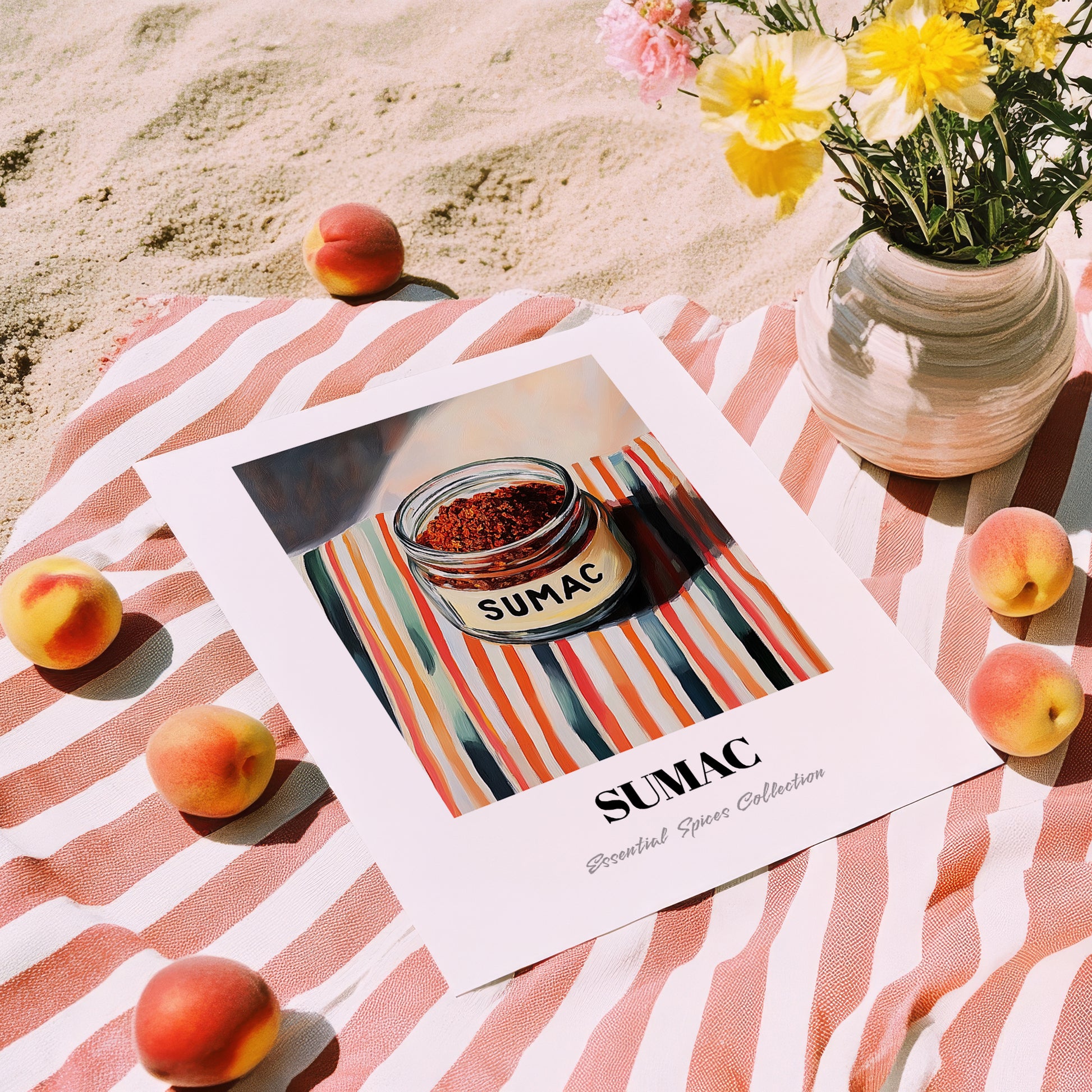 Sumac – on Striped Tablecloth, Spices Print, unframed on coastal sand