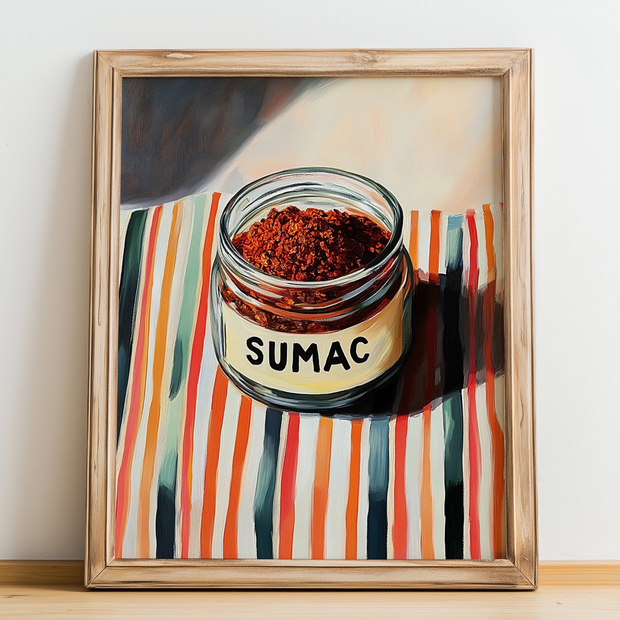 Sumac – on Striped Tablecloth, Spices Print, no-text version framed in wood