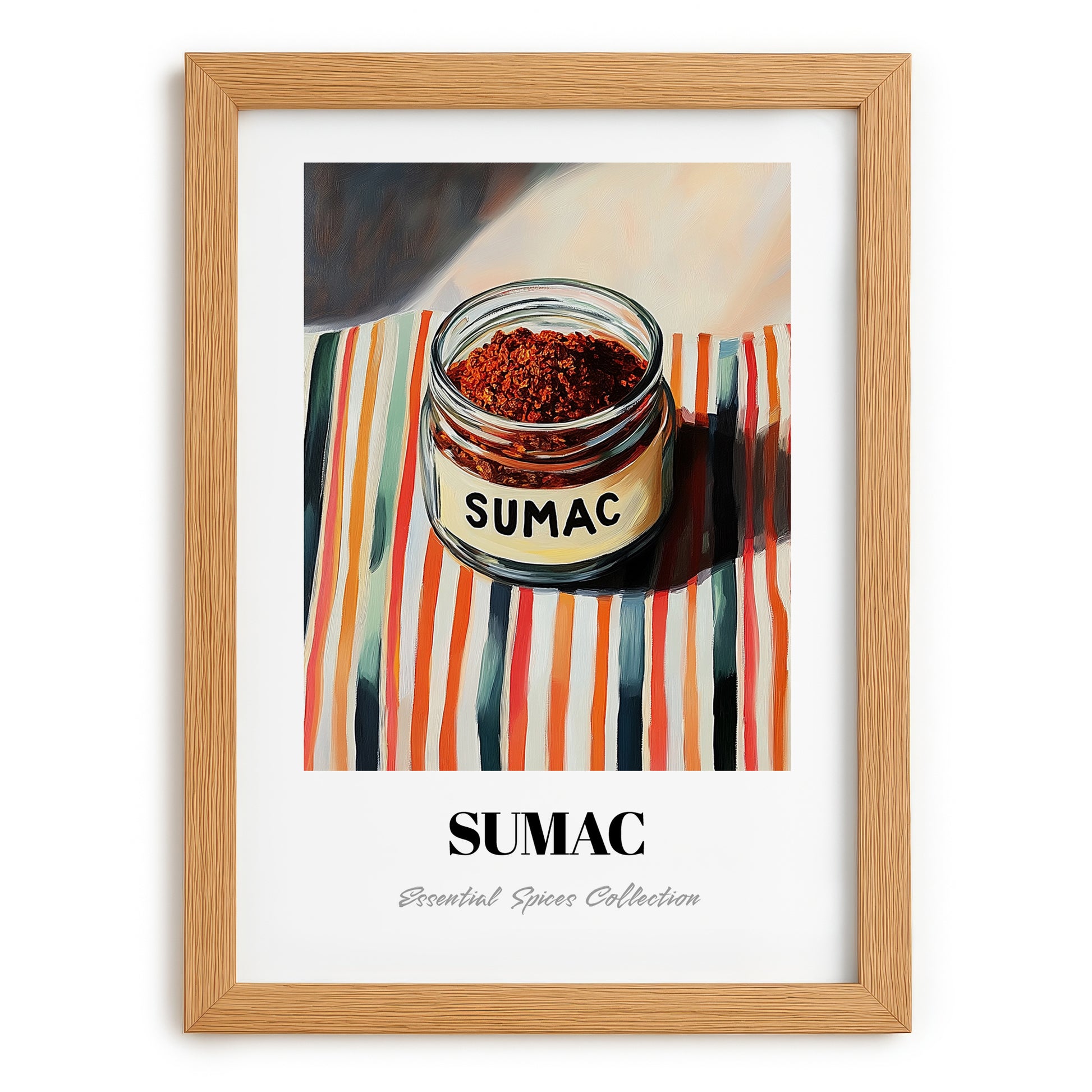 Sumac – on Striped Tablecloth, Spices Print, set in oak frame