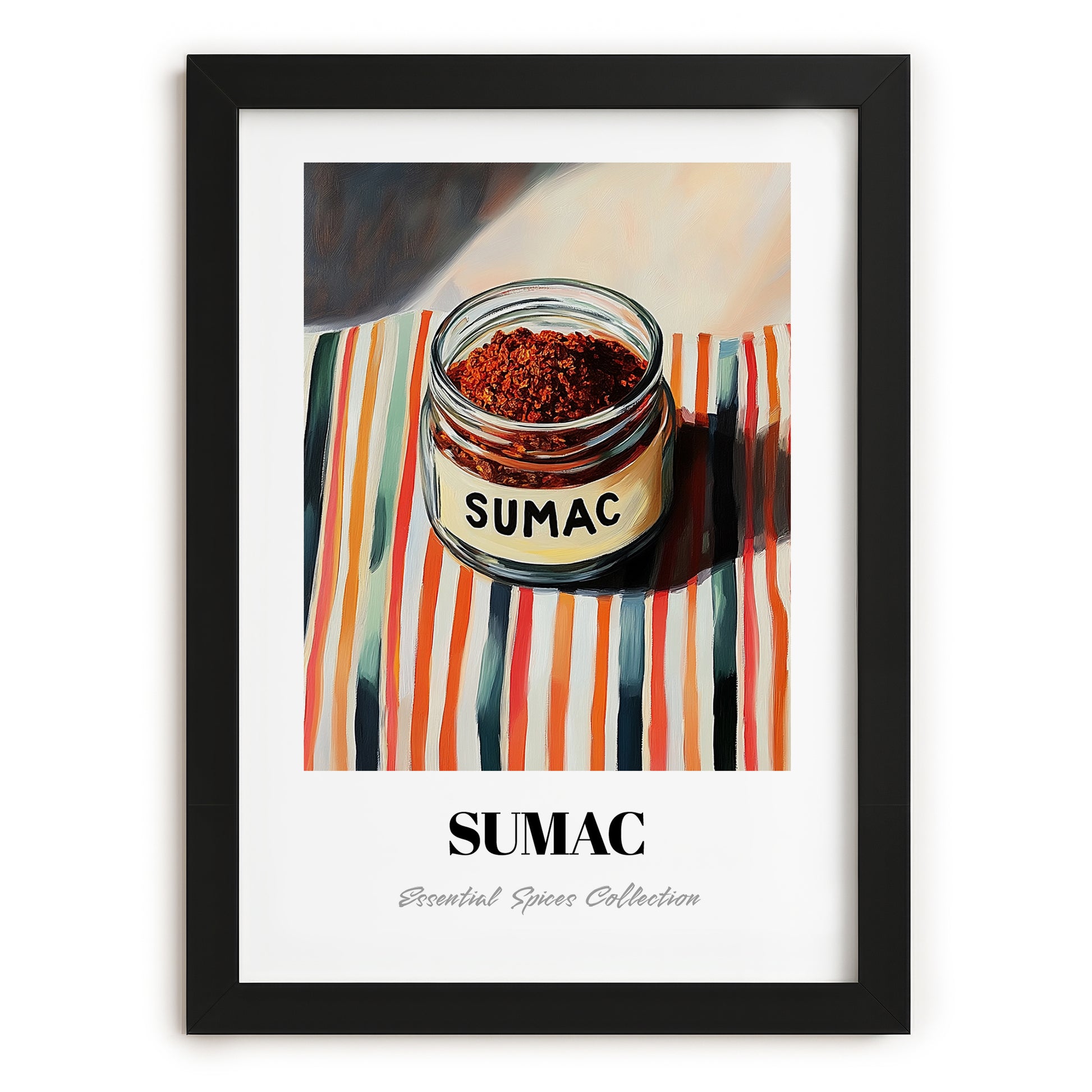 Sumac – on Striped Tablecloth, Spices Print, in sleek black frame