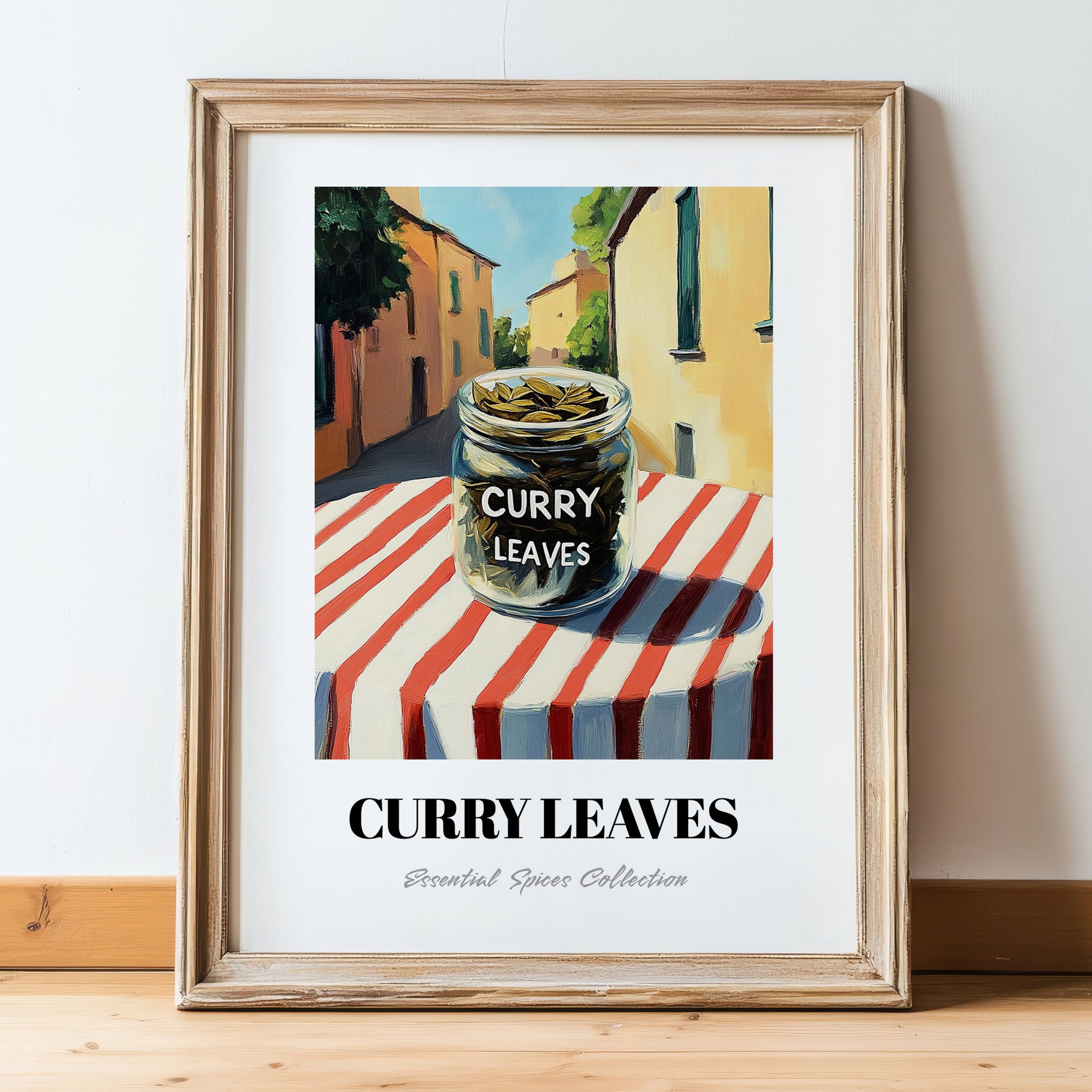 Curry Leaves – Italian Urban Café Scene, Spices Wall Decor, in wooden frame leaning on the floor