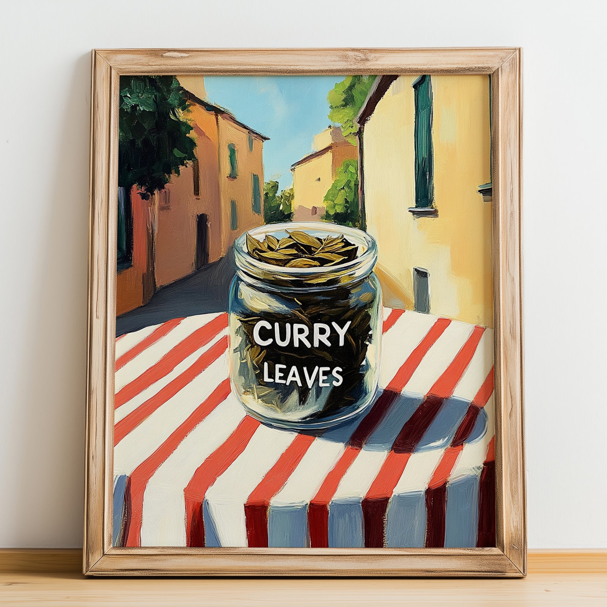 Curry Leaves – Italian Urban Café Scene, Spices Wall Decor, no-text version framed in wood