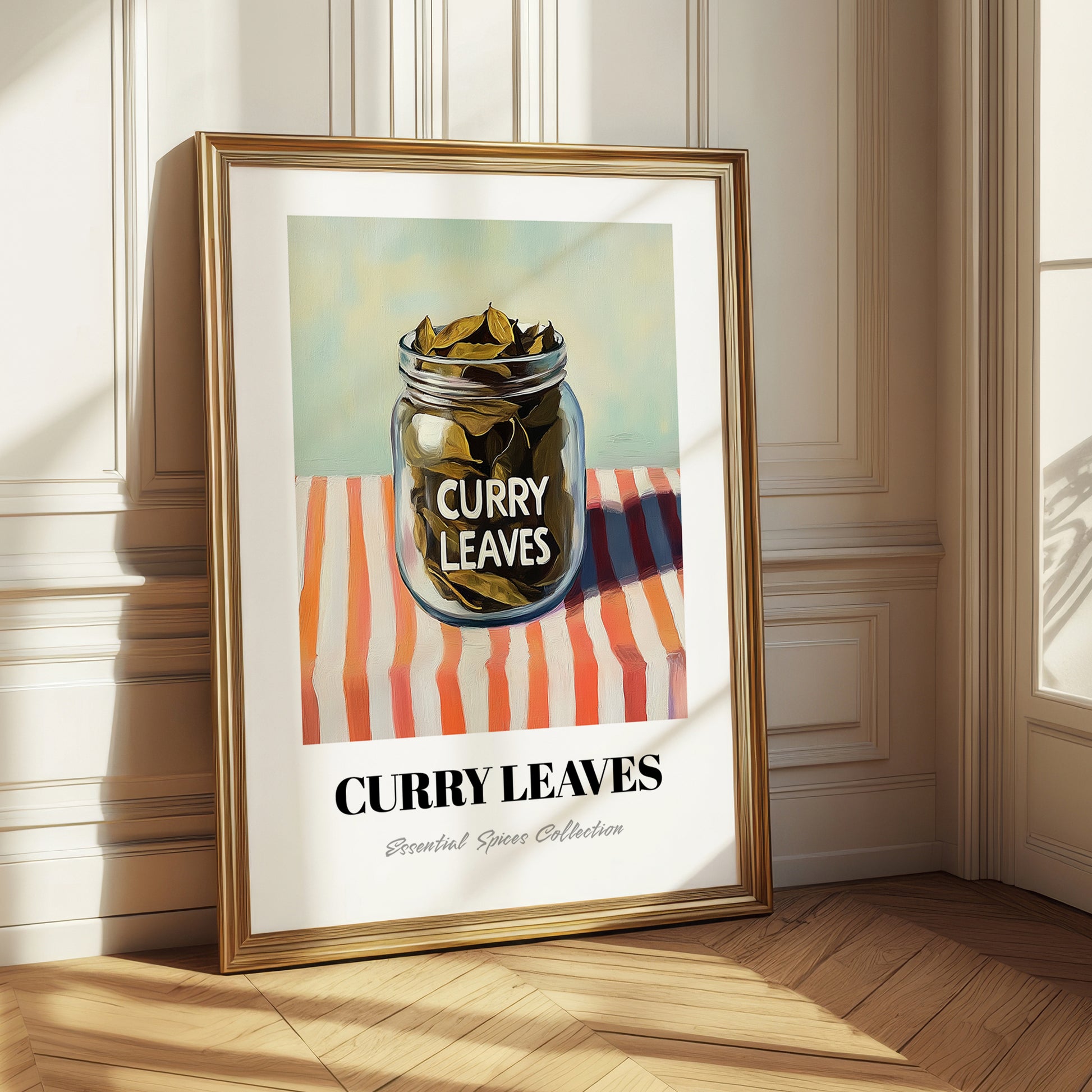 Curry Leaves – on Striped Tablecloth, Spices Wall Decor