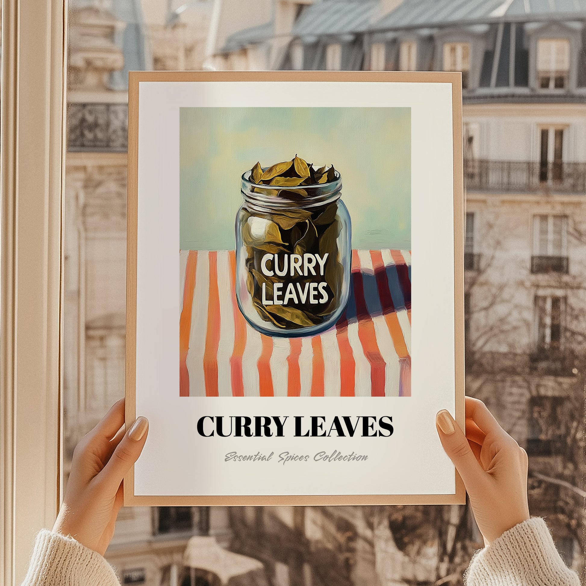 Curry Leaves – on Striped Tablecloth, Spices Wall Decor, styled in a charming Paris street view