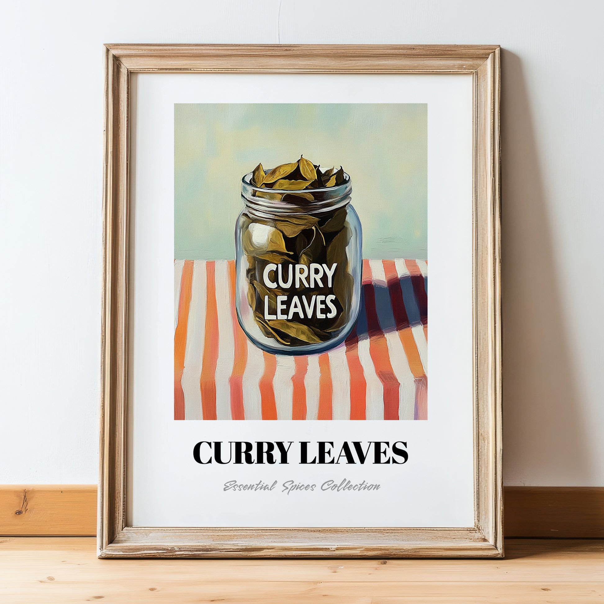 Curry Leaves – on Striped Tablecloth, Spices Wall Decor, in wooden frame leaning on the floor
