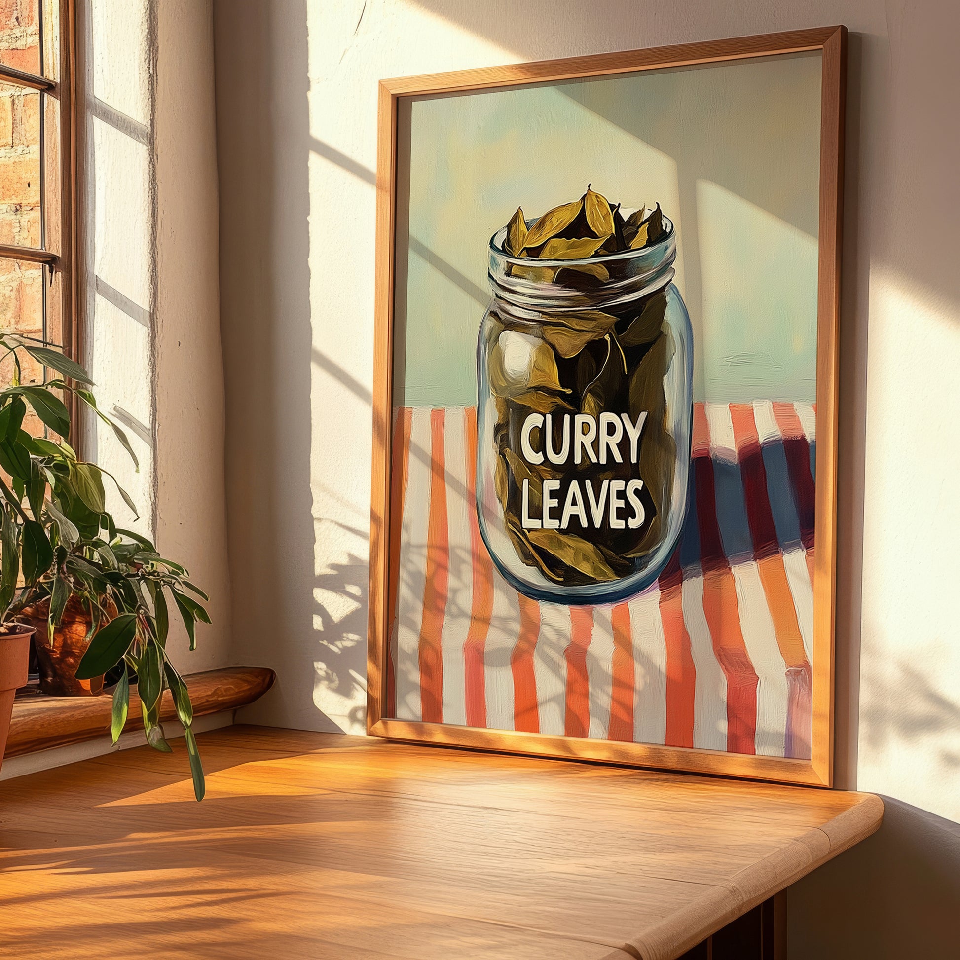 Curry Leaves – on Striped Tablecloth, Spices Wall Decor, clean layout with no caption