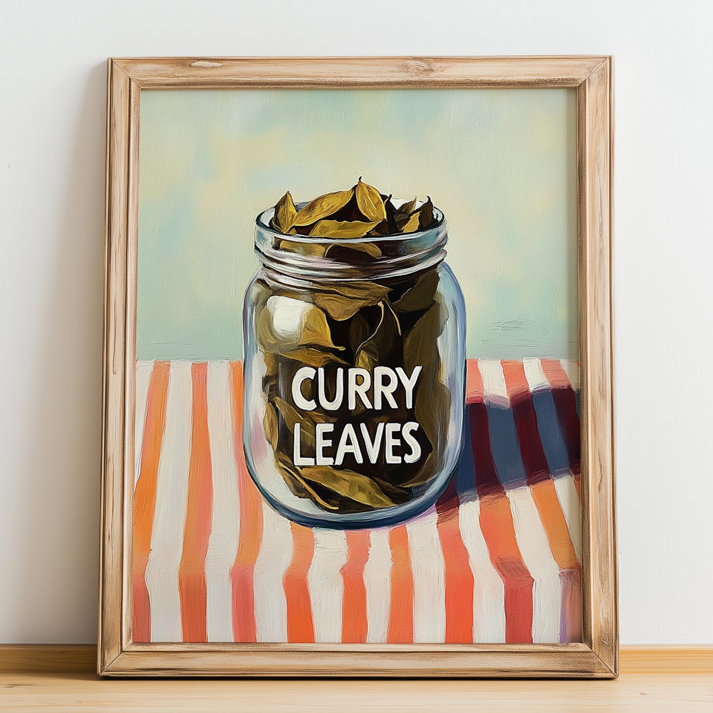 Curry Leaves – on Striped Tablecloth, Spices Wall Decor, no-text version framed in wood