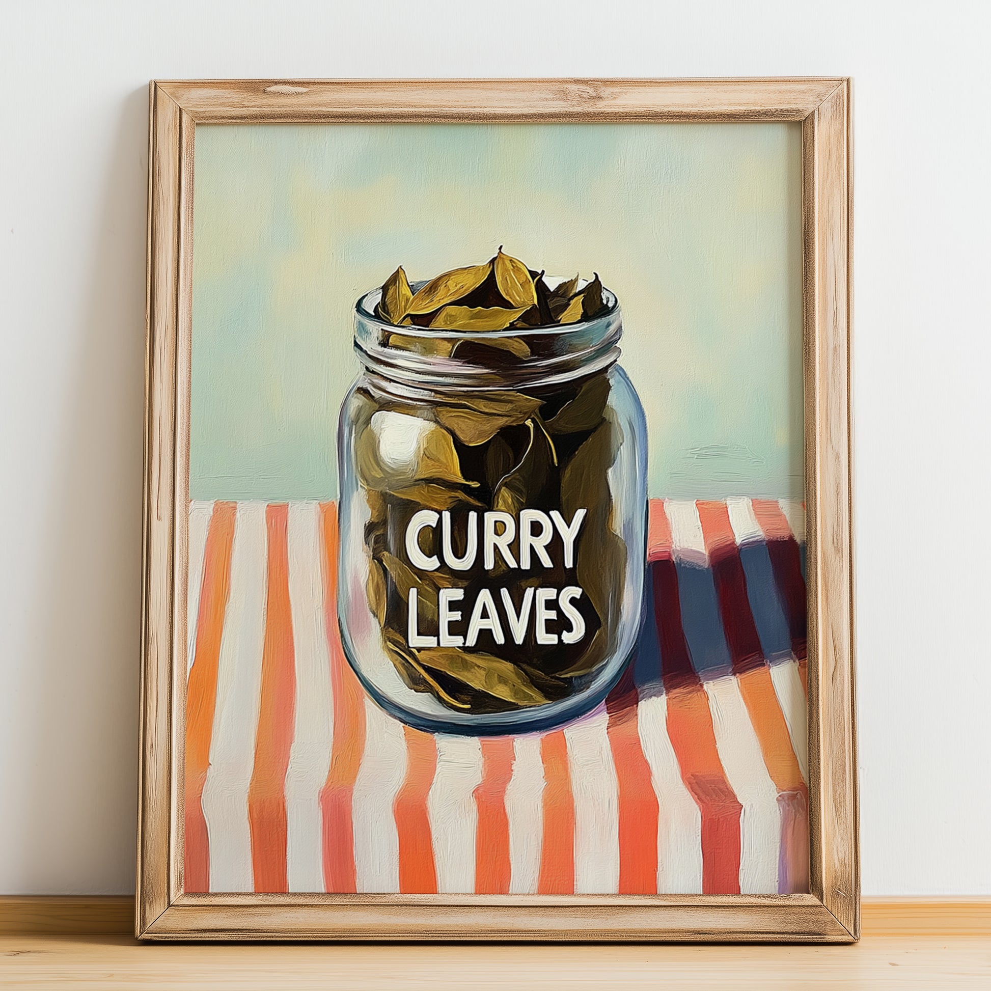 Curry Leaves – on Striped Tablecloth, Spices Wall Decor, no-text version framed in wood