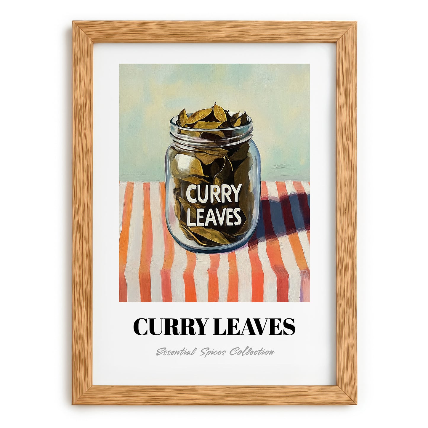 Curry Leaves – on Striped Tablecloth, Spices Wall Decor, set in oak frame