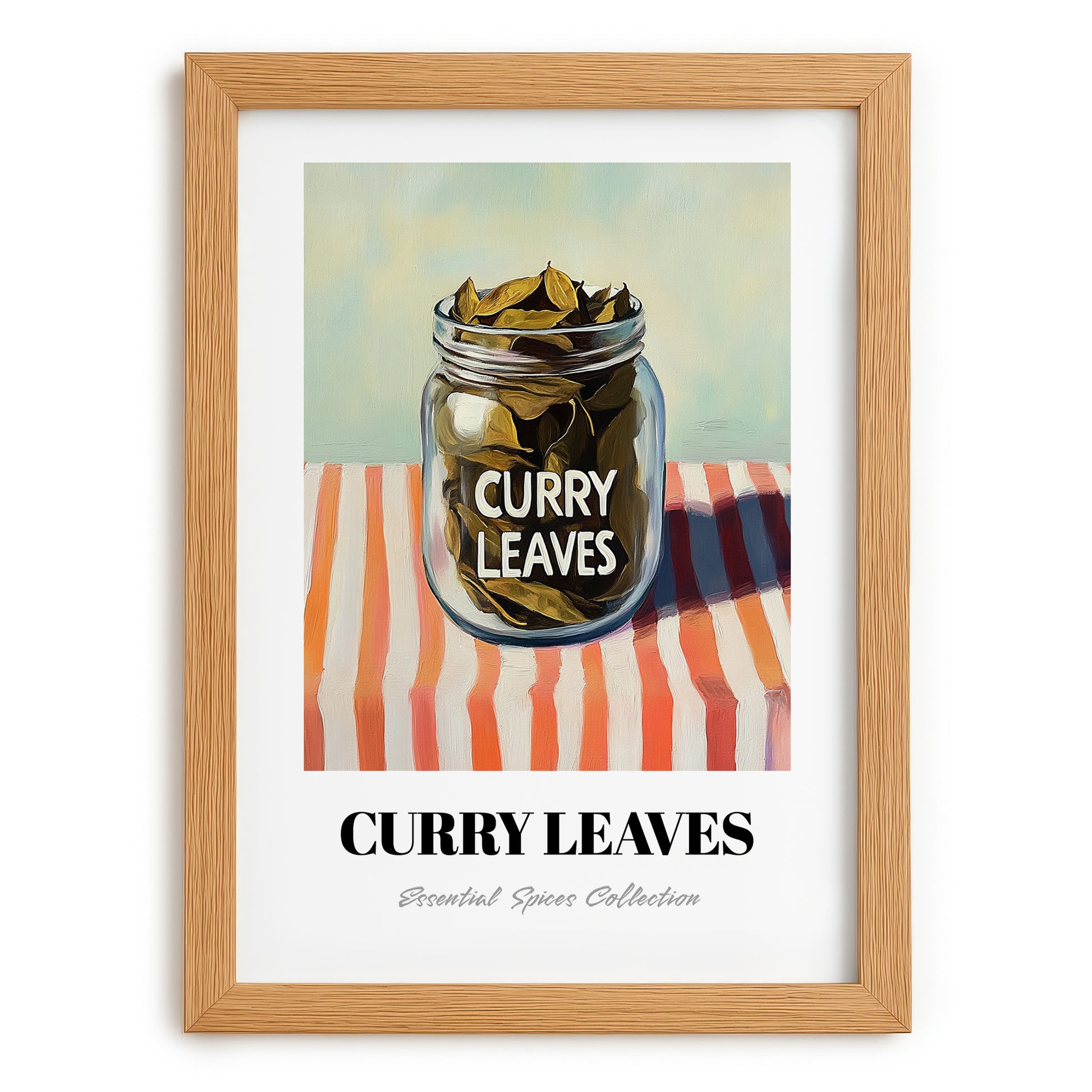 Curry Leaves – on Striped Tablecloth, Spices Wall Decor, set in oak frame