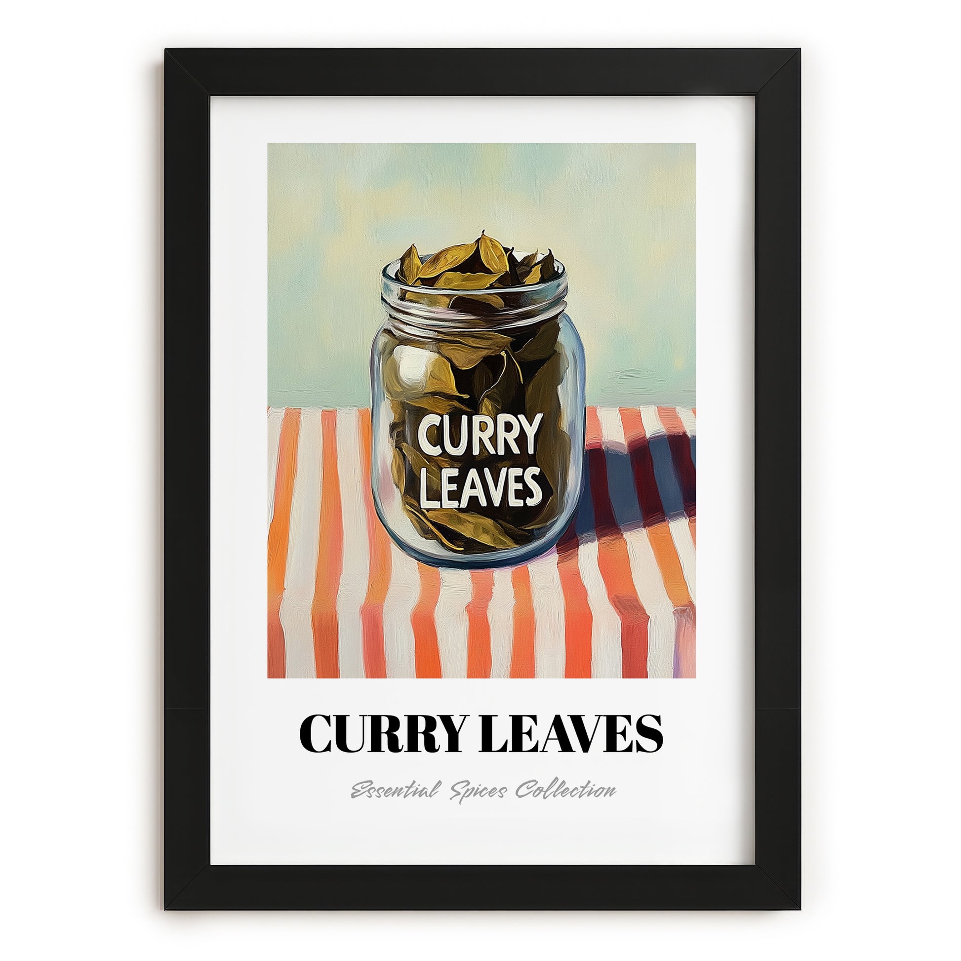 Curry Leaves – on Striped Tablecloth, Spices Wall Decor, in sleek black frame