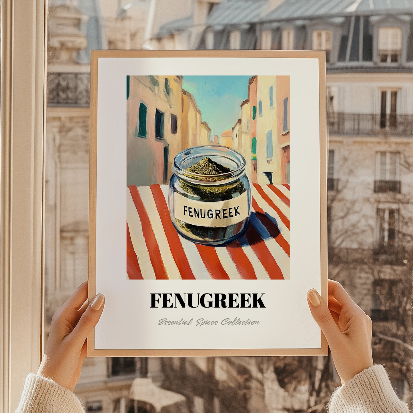 Fenugreek – Italian Urban Café Scene, Spices Illustration, styled in a charming Paris street view