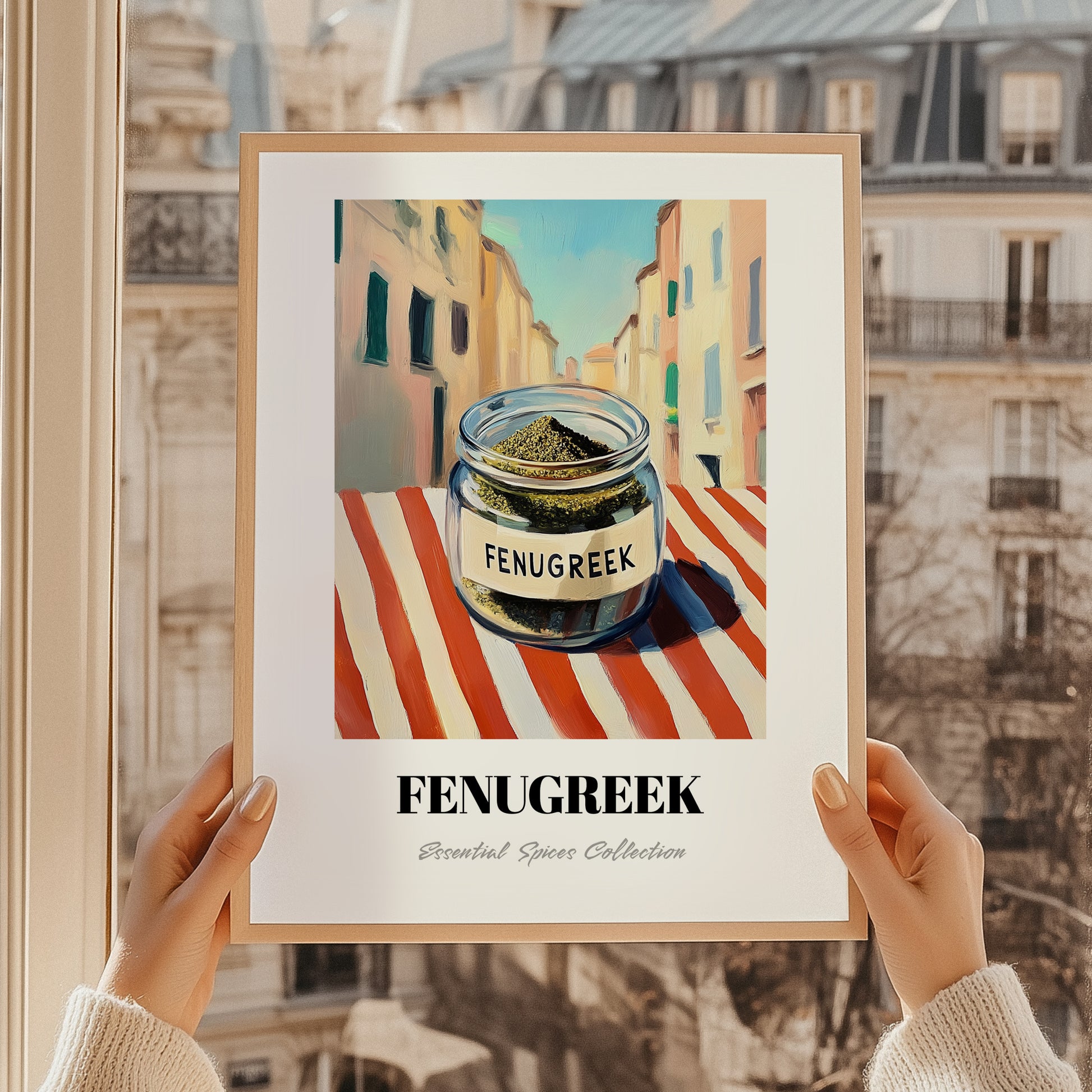 Fenugreek – Italian Urban Café Scene, Spices Illustration, styled in a charming Paris street view