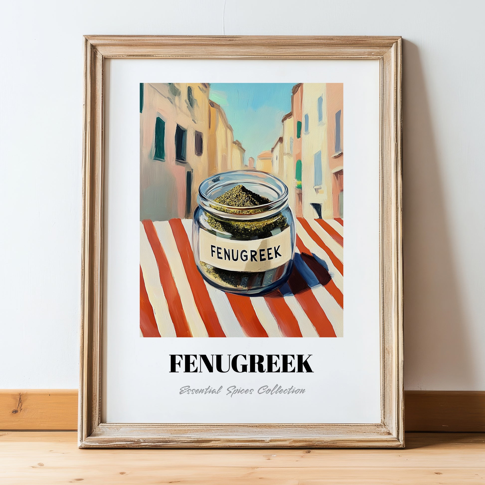 Fenugreek – Italian Urban Café Scene, Spices Illustration, in wooden frame leaning on the floor
