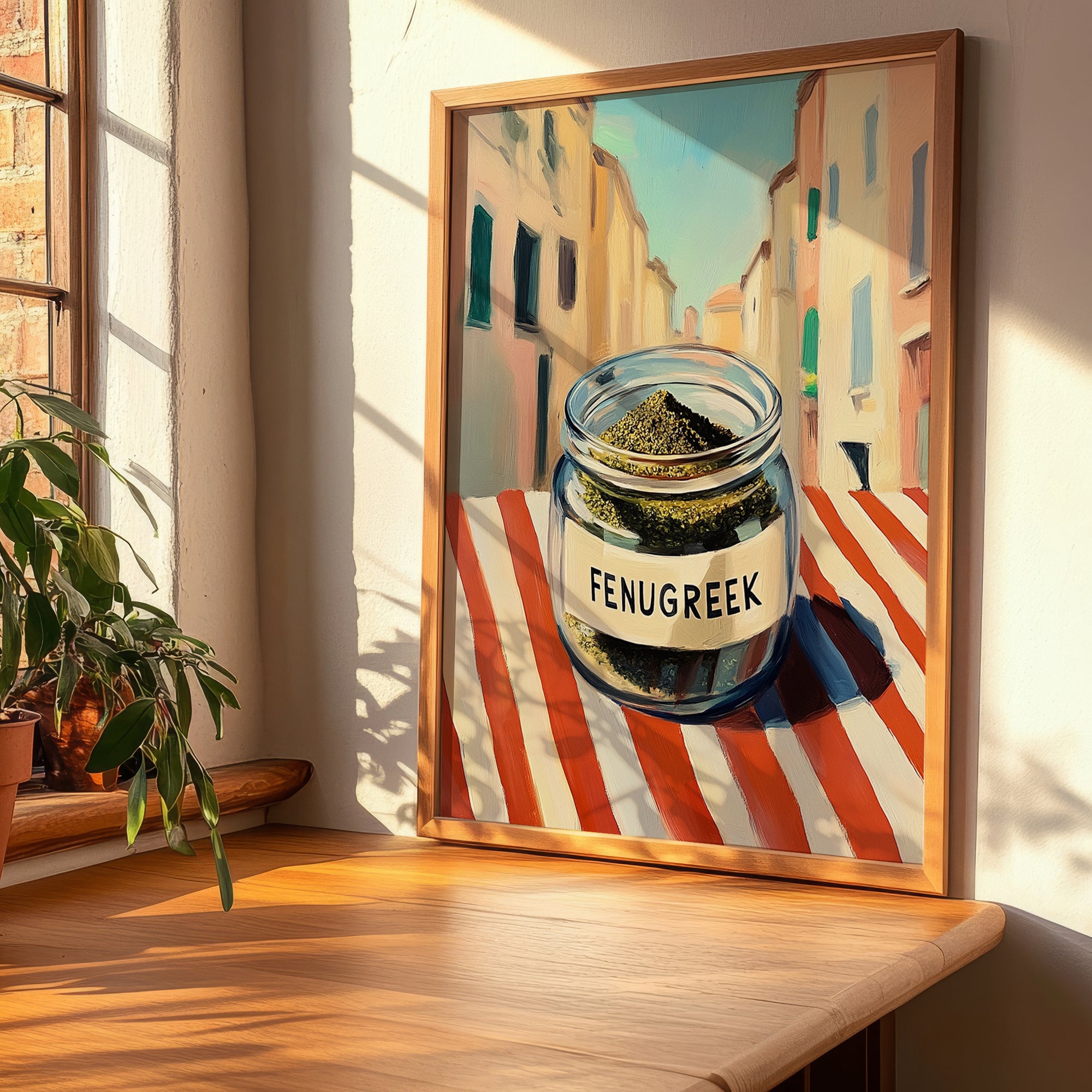Fenugreek – Italian Urban Café Scene, Spices Illustration, clean layout with no caption